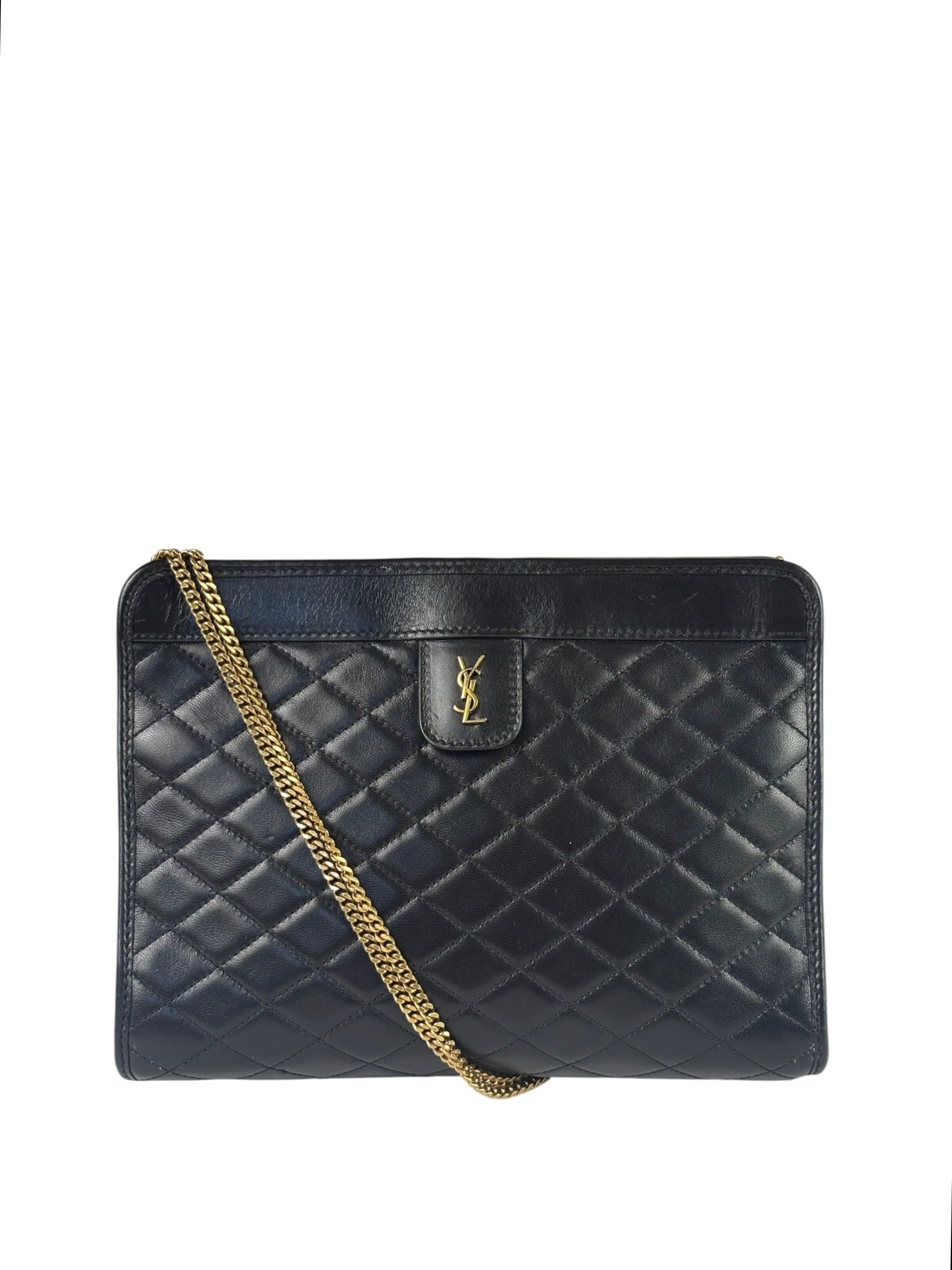 YSL Black Leather Baby Victoire Chain Clutch