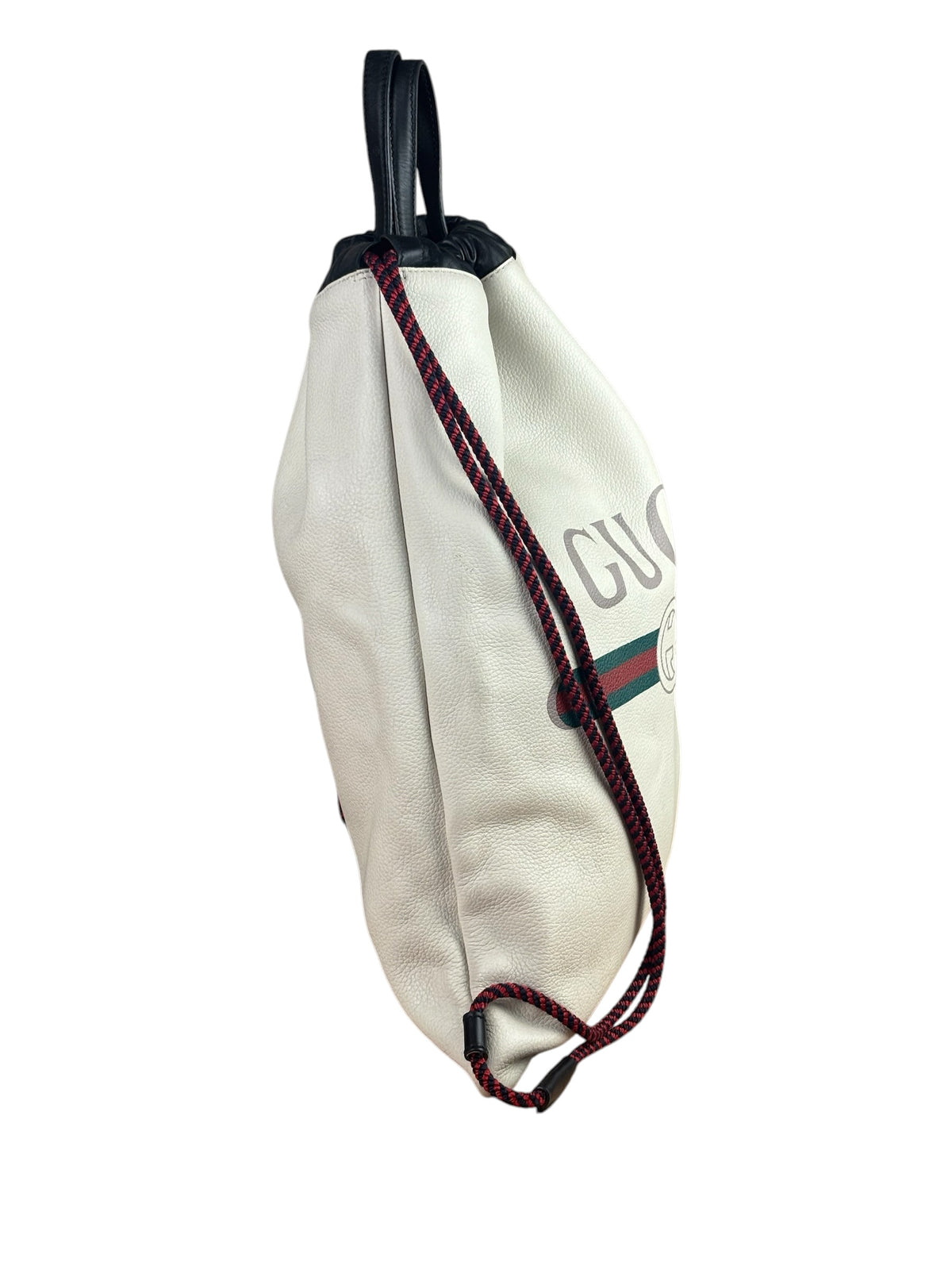 Gucci White/Black Leather Logo Drawstring Backpack