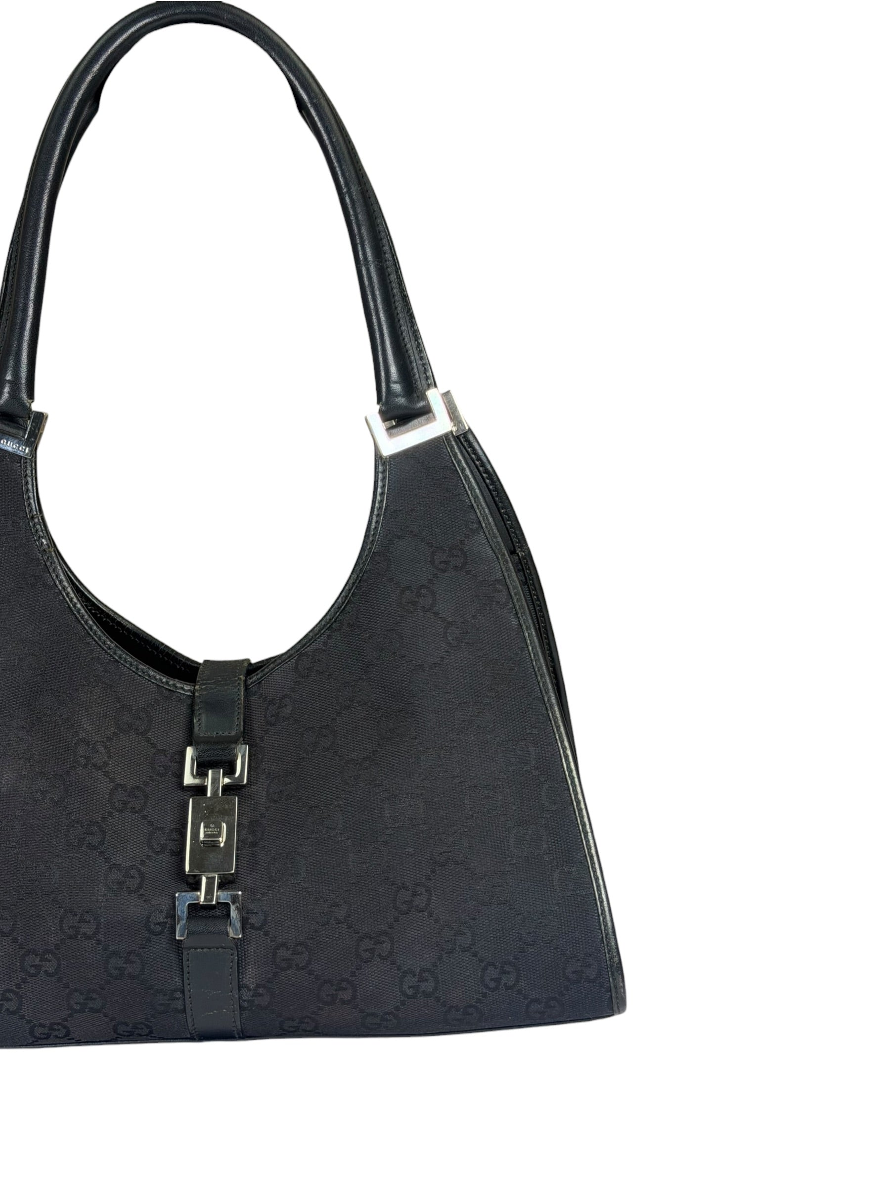 Gucci Black Leather Trim GG Bardot Jackie Medium Hobo Bag