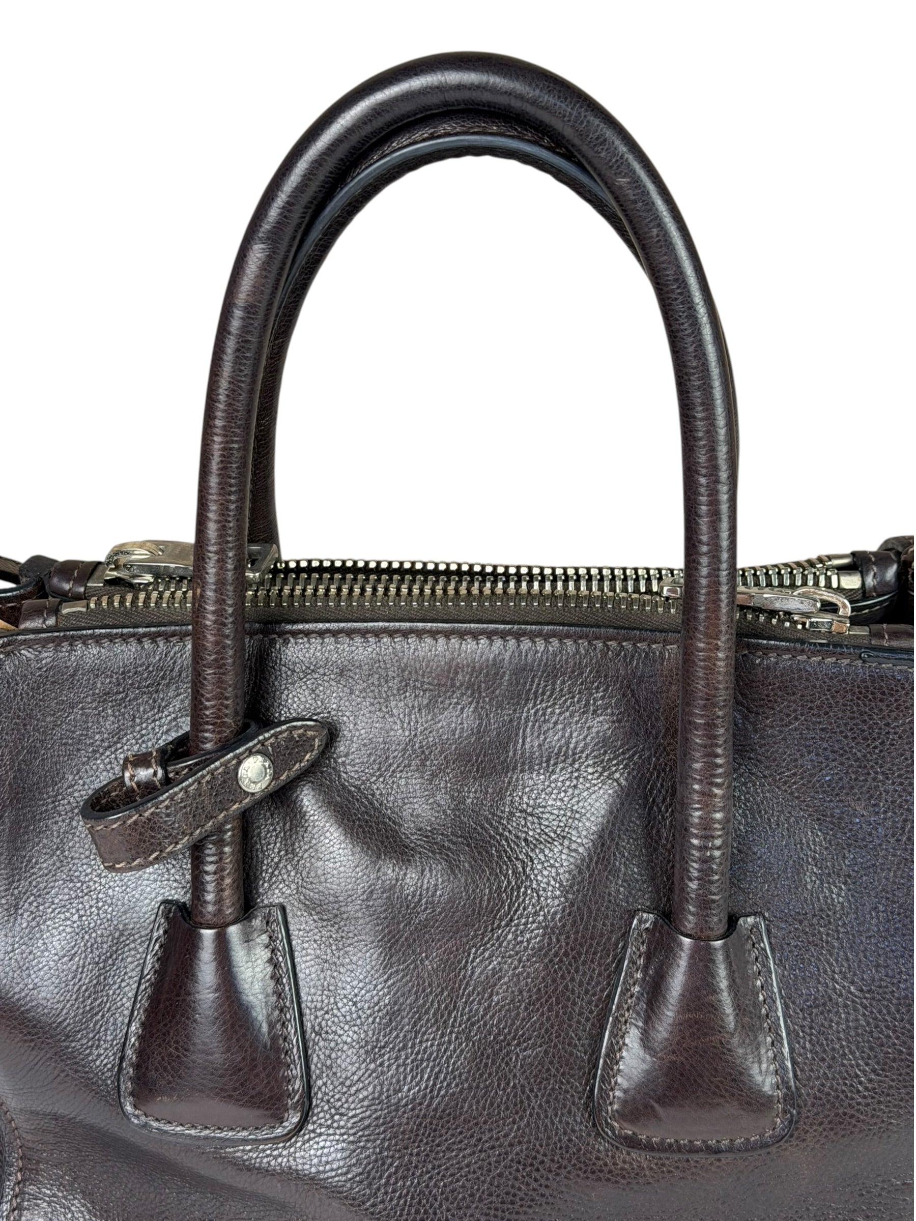 Prada Dark Brown Calf Leather Glace Twin-Pocket Tote