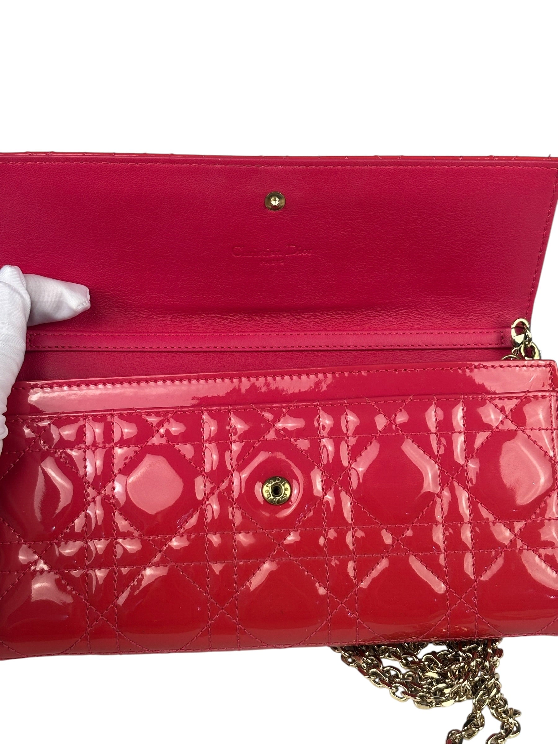 Christian Dior Cannage Red Patent Leather Wallet On Chain
