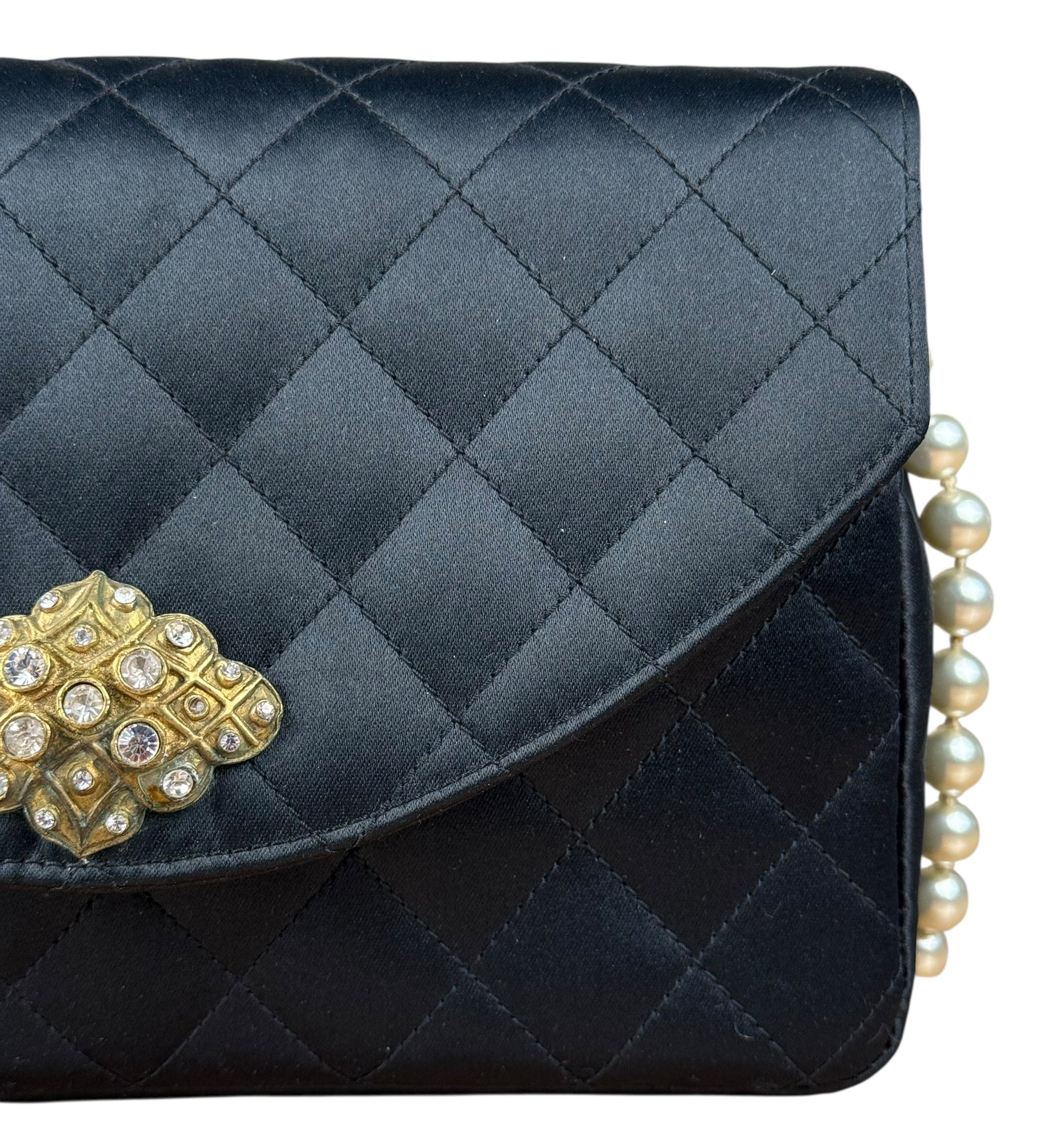 Chanel Black Quilted Satin Gripoix Pearl Flap Bag 1986