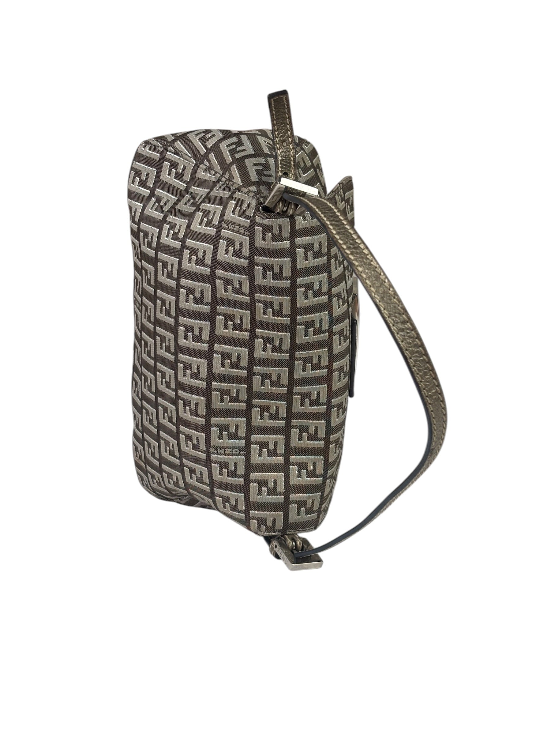 Fendi Brown/Metallic Gold Leather Trim Zucca Baguette