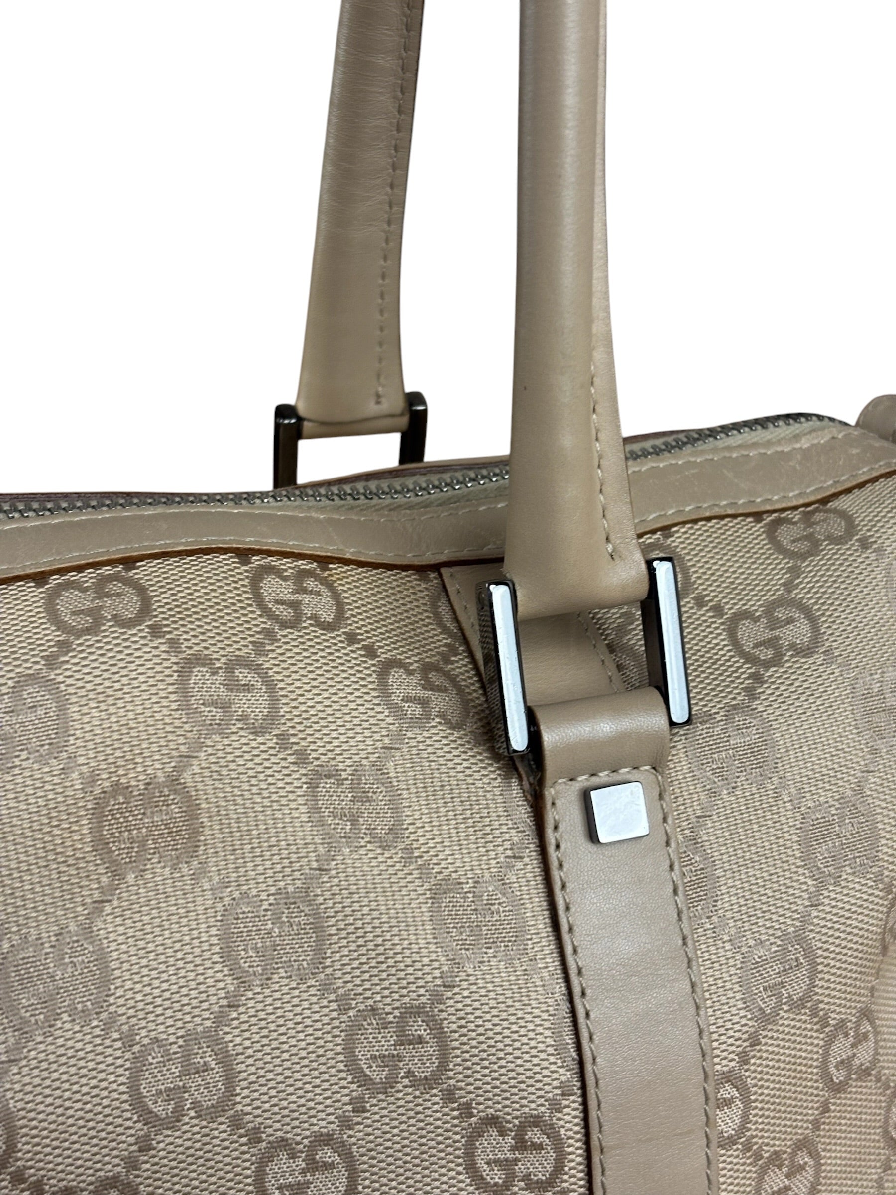 Gucci GG Beige Leather Trim Guccissima Small Boston Bag