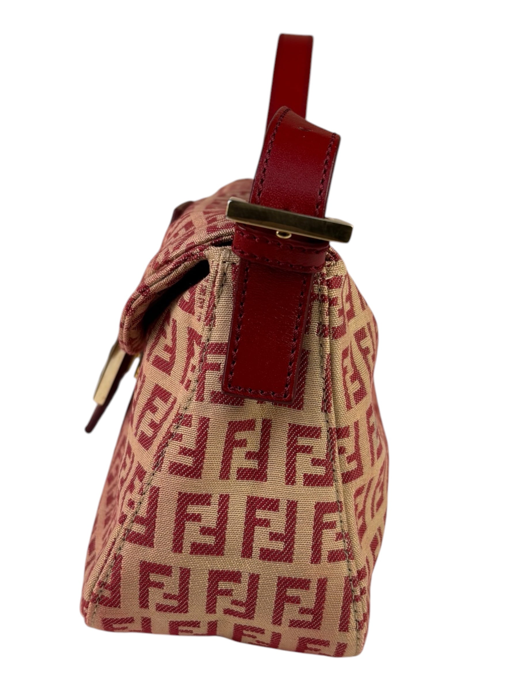 Fendi Red Leather Trim Zucca Baguette
