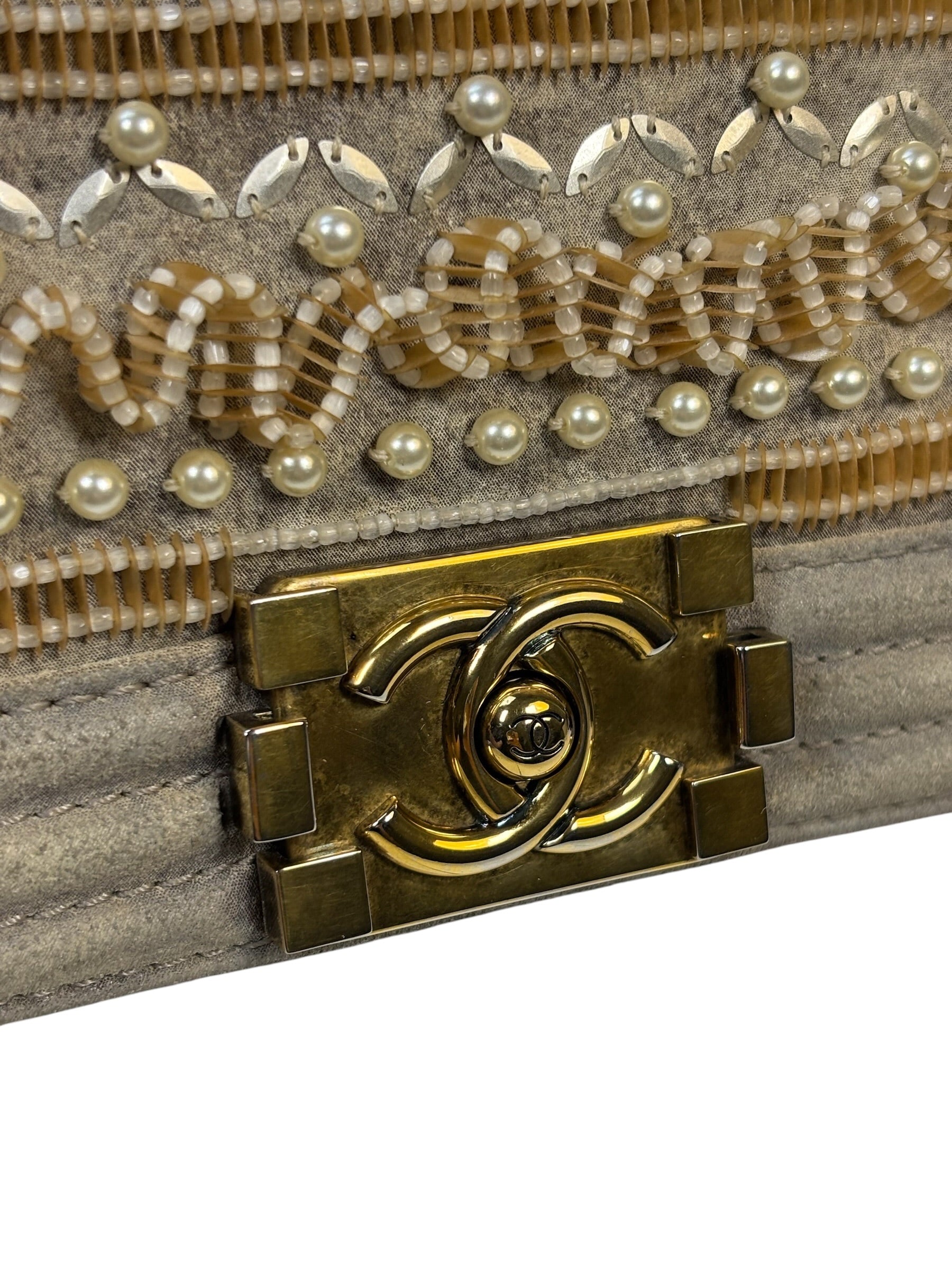 Chanel Grey Suede Beaded Pearl/Bead Boy Flap 2014
