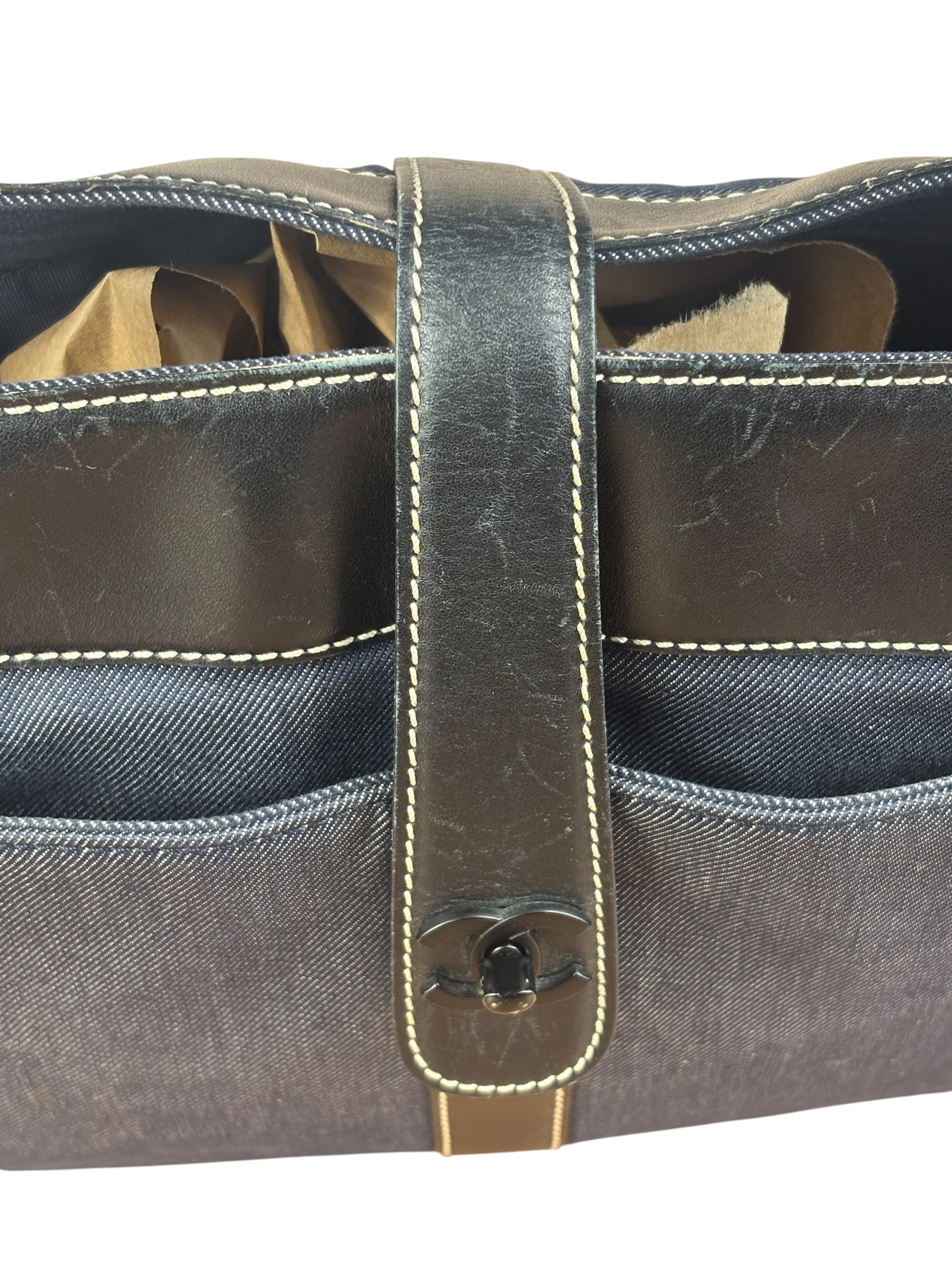 Chanel Vintage Denim/Black Leather CC Turn-Lock Tote Bag 2001