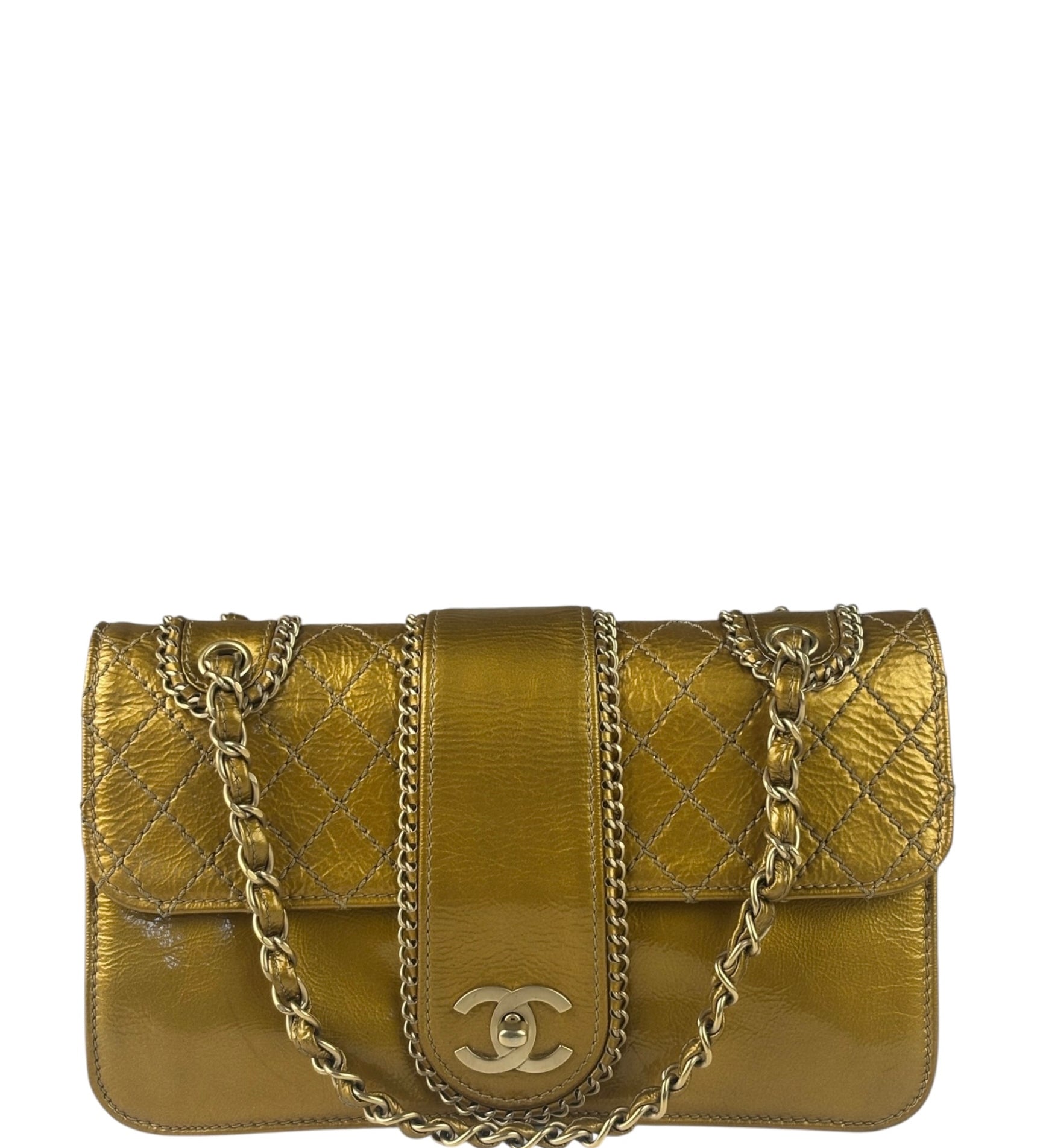 Chanel Gold Patent Chain Quilted Madison Flap Bag 2007