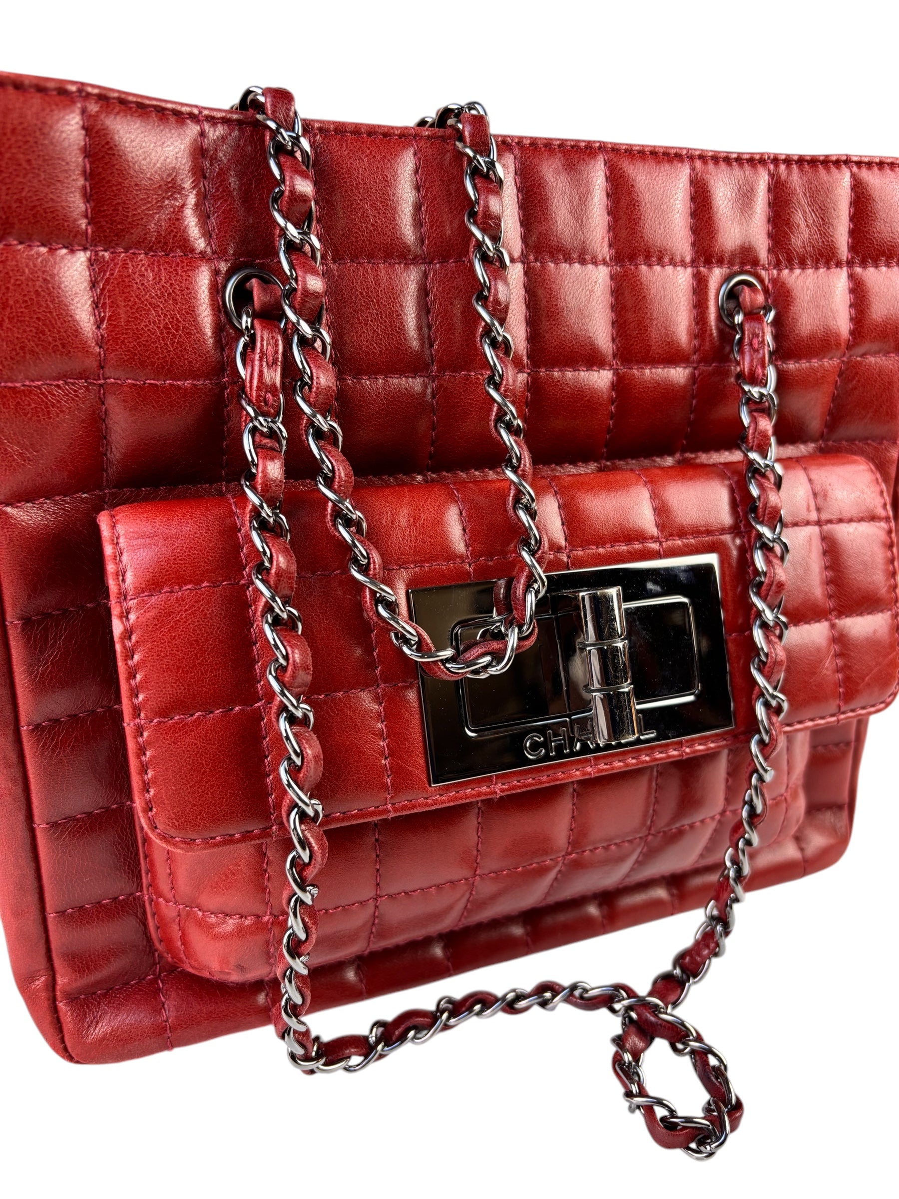 Chanel Red Lambskin Chocolate Bar Mademoiselle Reissue Square Tote  2004