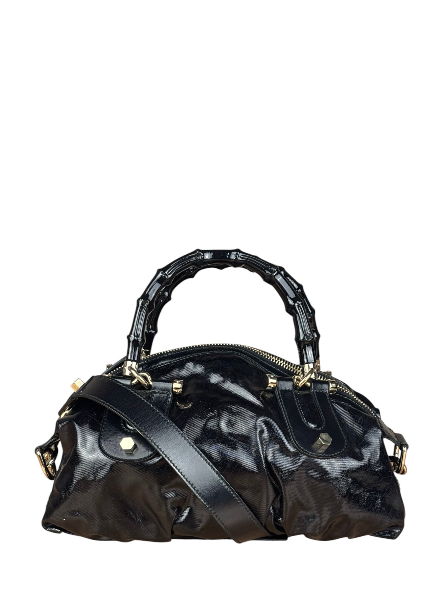 Gucci Black Patent Vintage Dialux Pop Bamboo 2Way Handbag