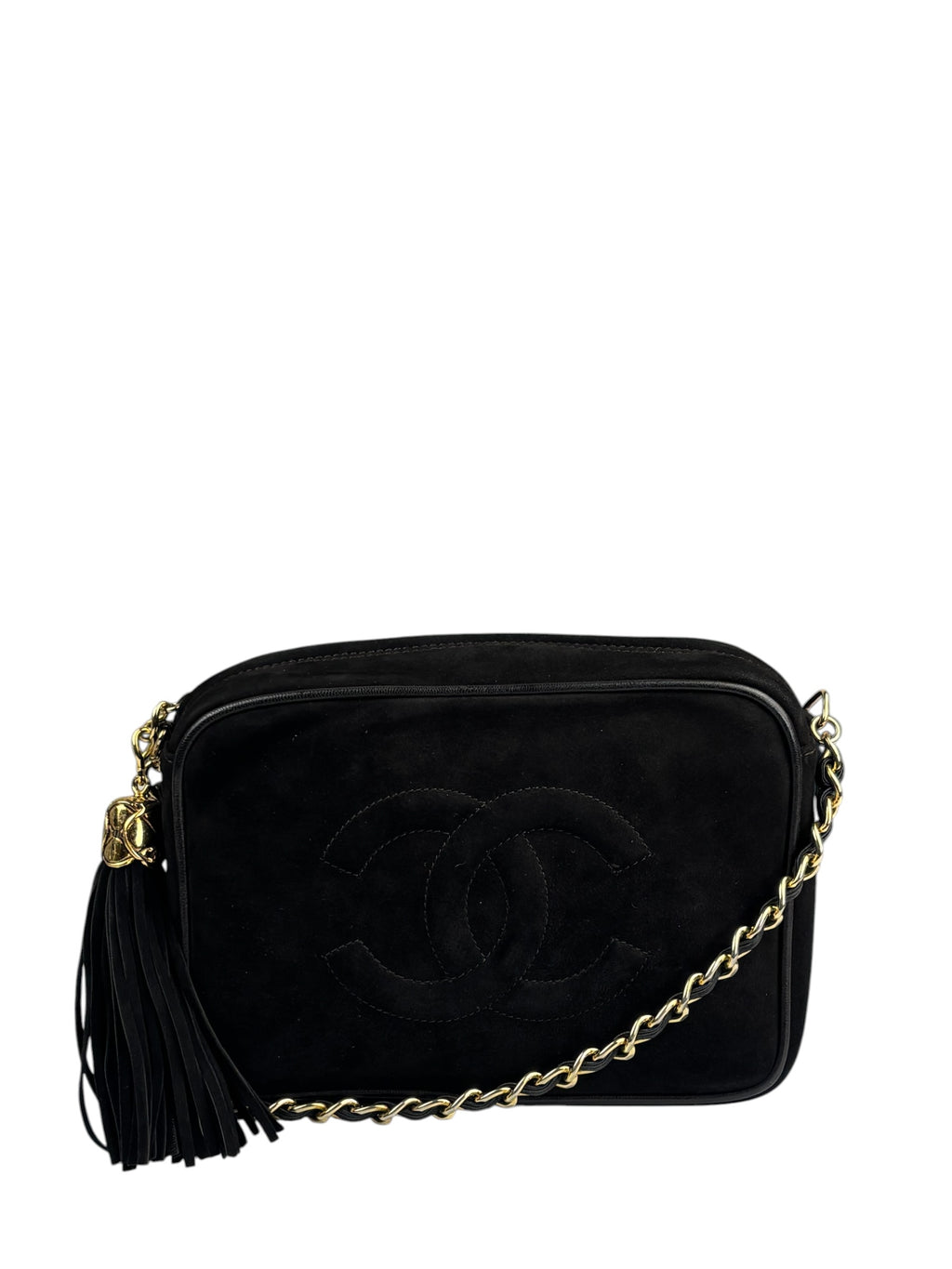Chanel Vintage Black Suede CC Tassel Camera Bag 1989