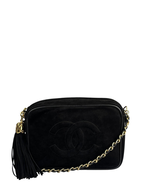 Chanel Vintage Black Suede CC Tassel Camera Bag 1989
