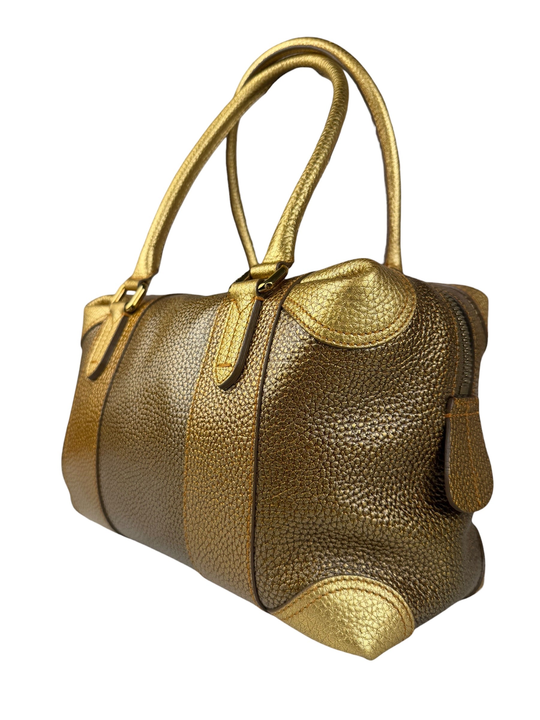 Fendi Metalic Gold Patent Pebbled Leather Media Boston Bag
