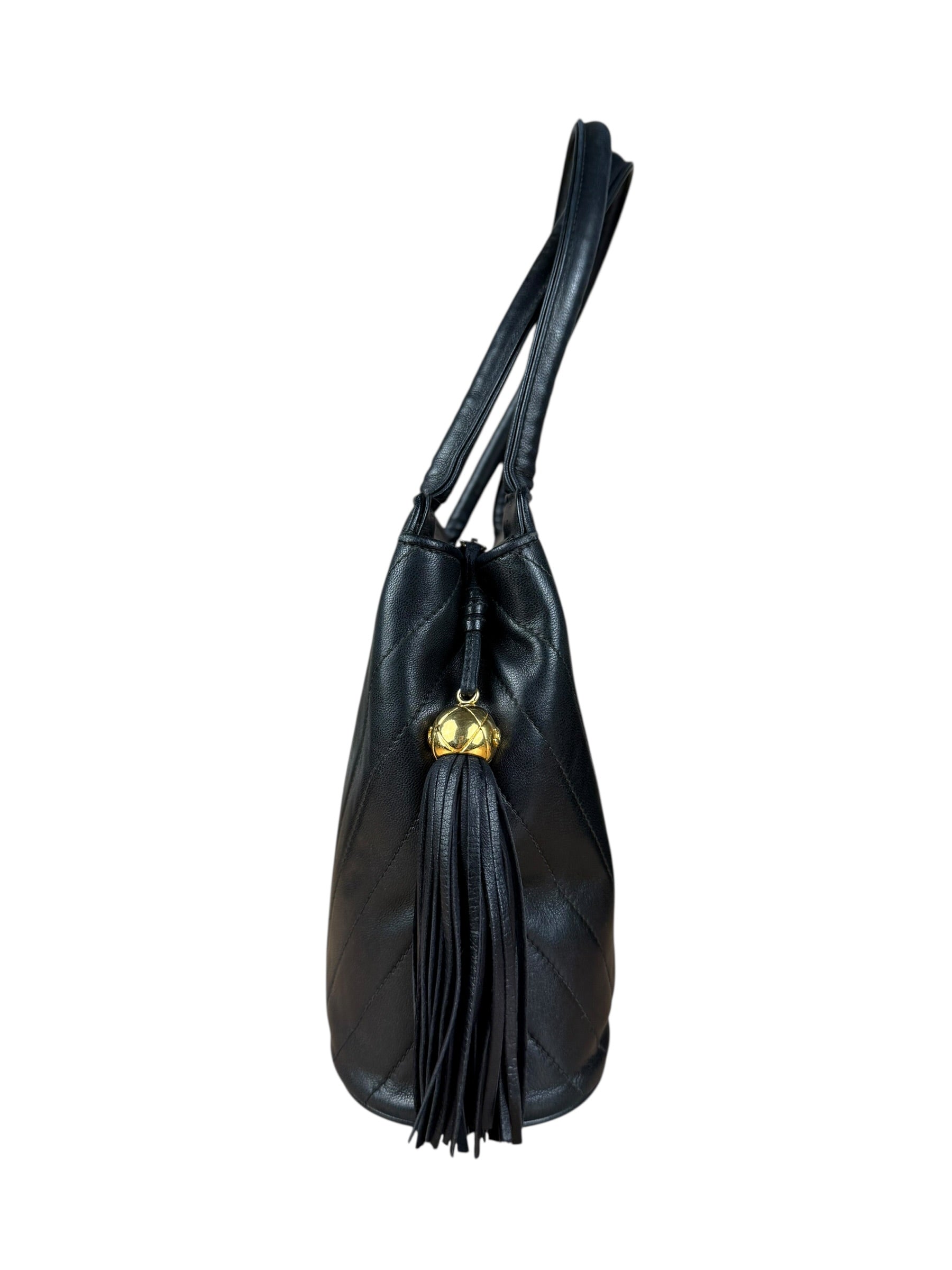 Chanel Black Chevron Quilted Tassel Fringe Tote 1992
