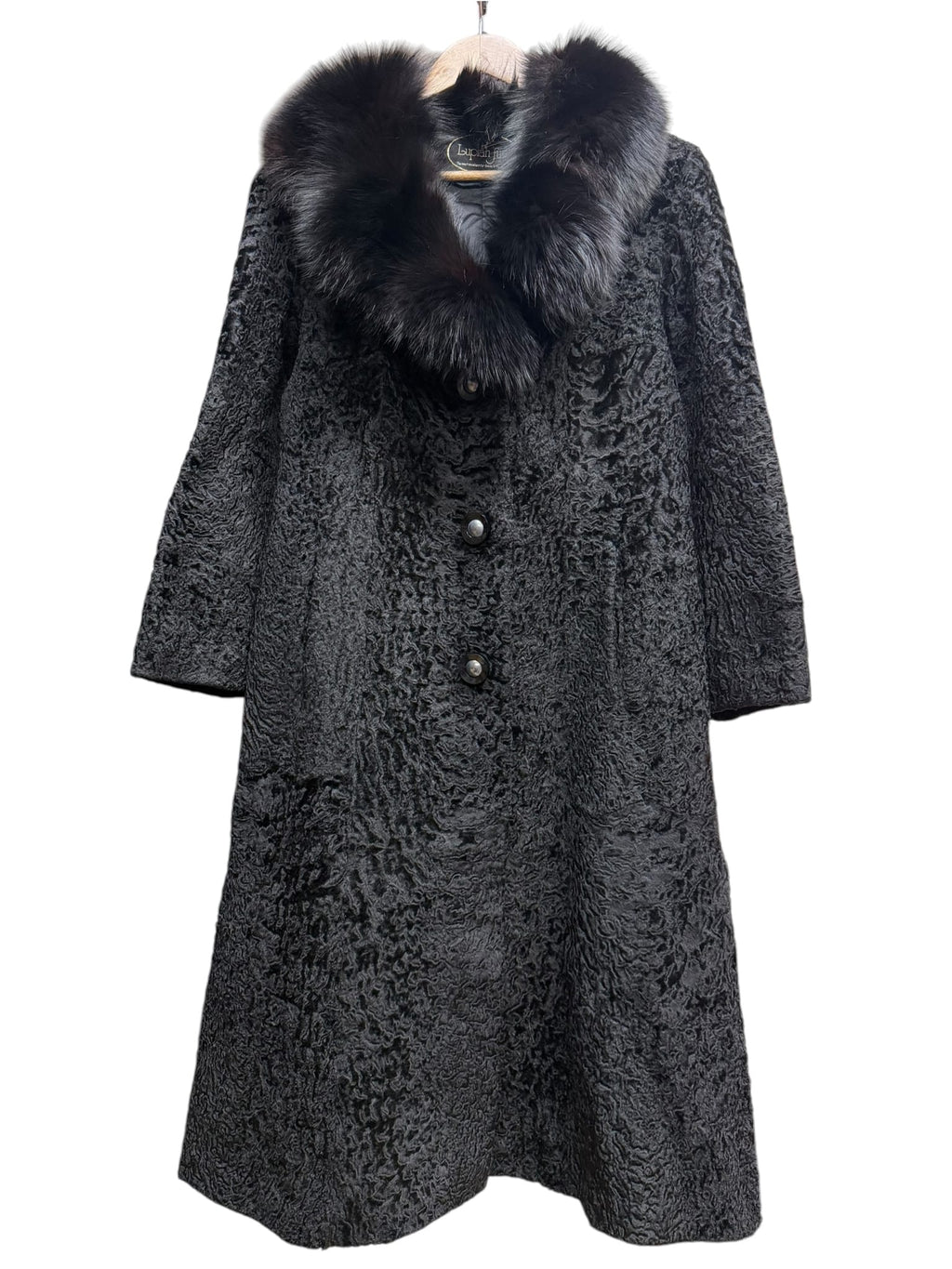 Vintage Lupian Black Persian Lamb Fox Fur Trim Long Coat