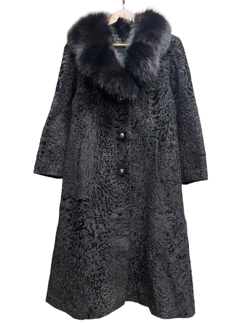 Vintage Lupian Black Persian Lamb Fox Fur Trim Long Coat