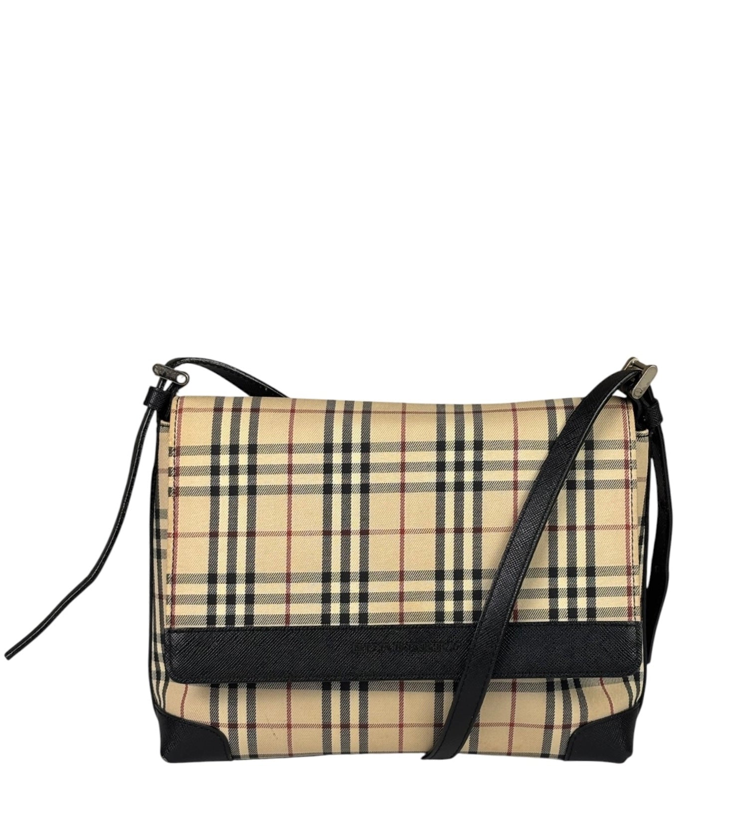 Burberry Black Leather Trim House Check Flap Crossbody Bag