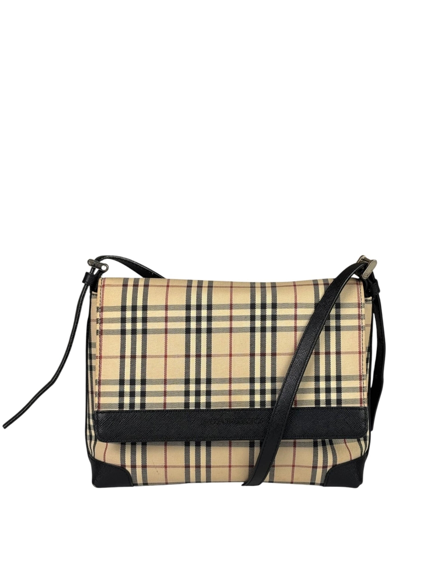 Burberry Black Leather Trim House Check Flap Crossbody Bag