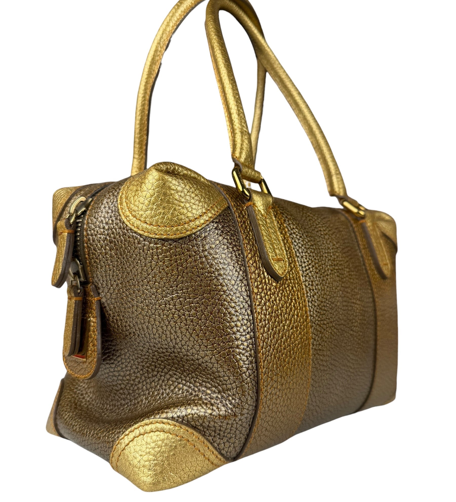 Fendi Metalic Gold Patent Pebbled Leather Media Boston Bag