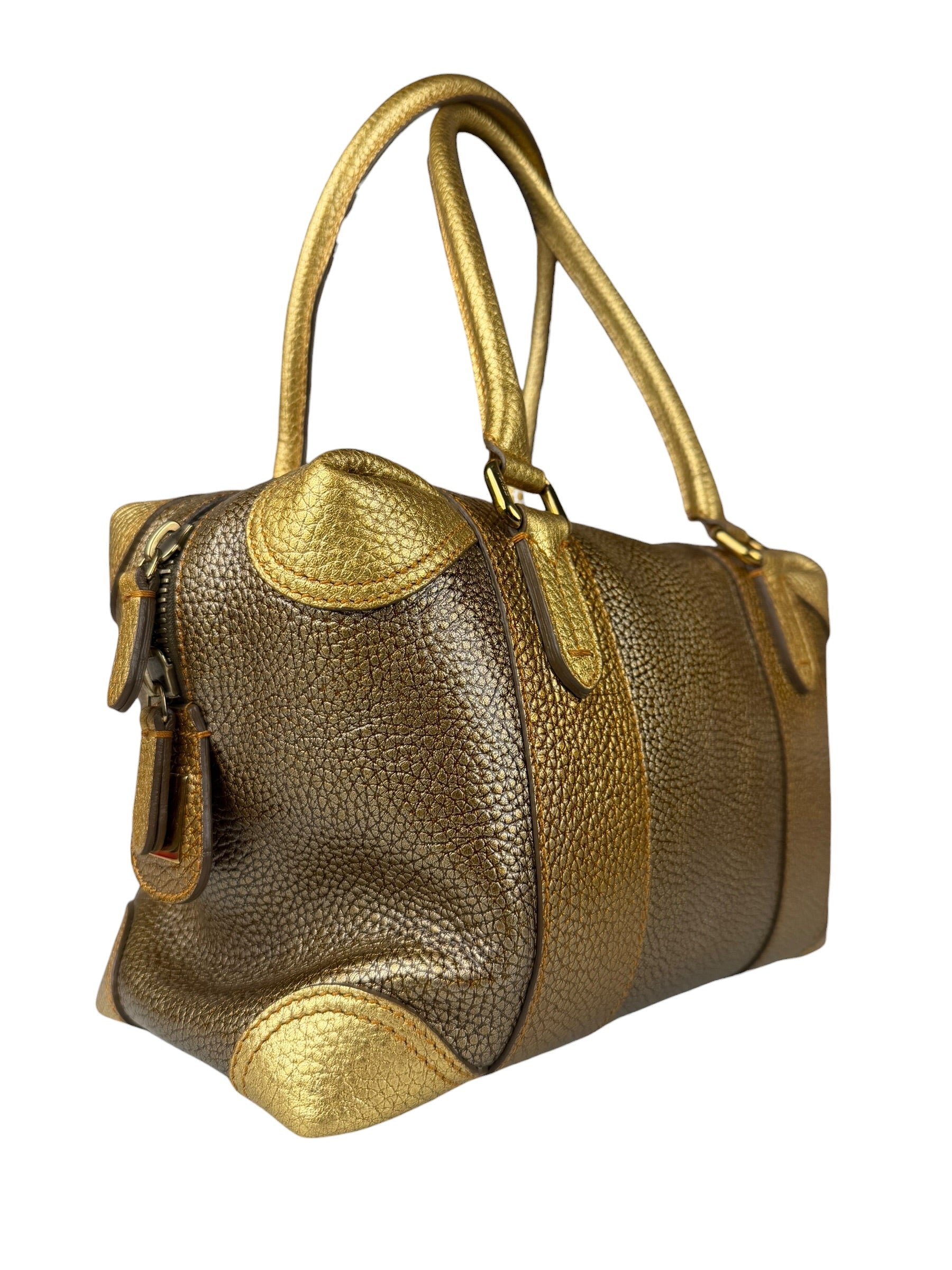 Fendi Metalic Gold Patent Pebbled Leather Media Boston Bag