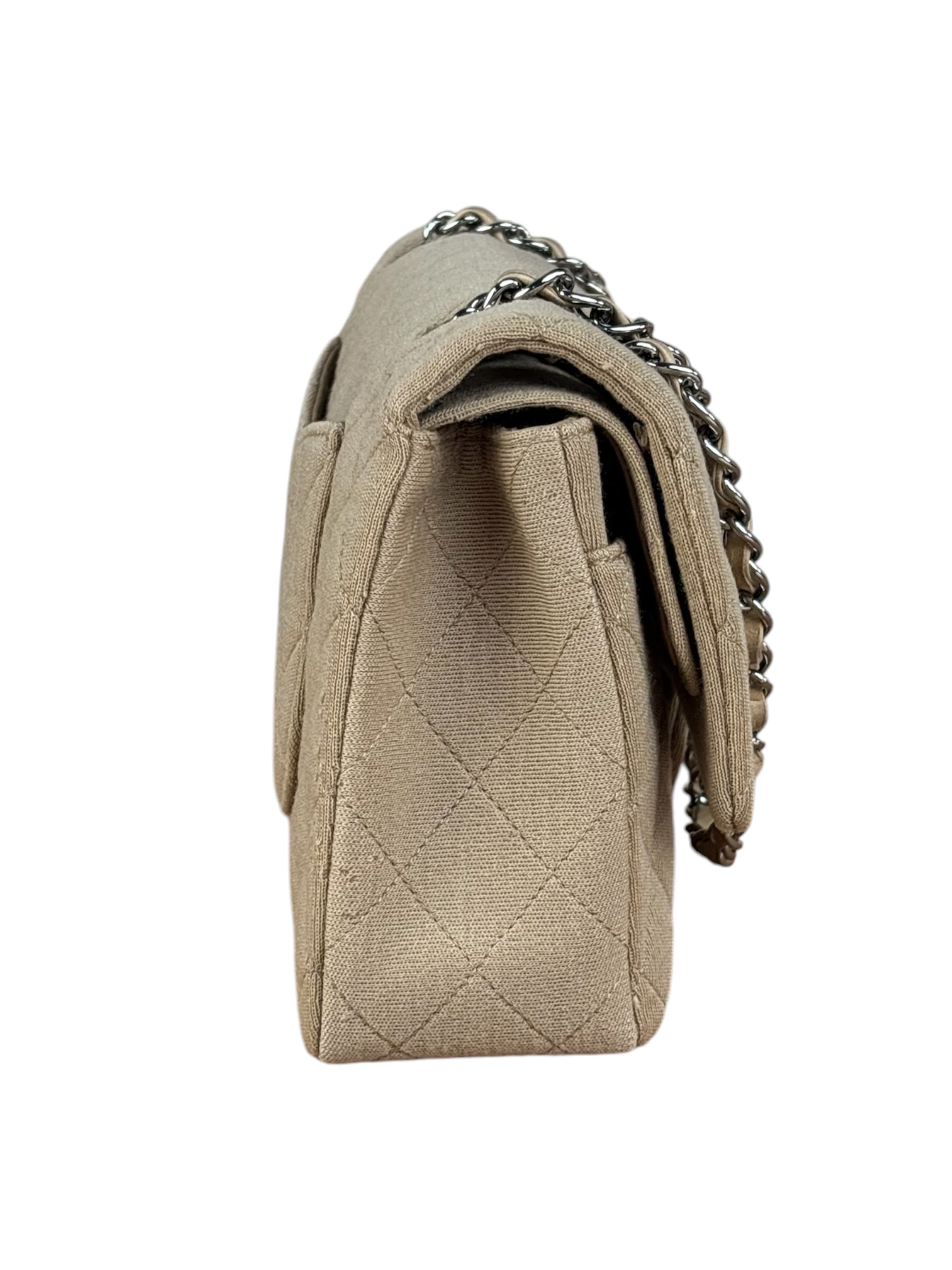 Chanel Beige Jersey Leather Trim Classic Double Flap Bag 2005