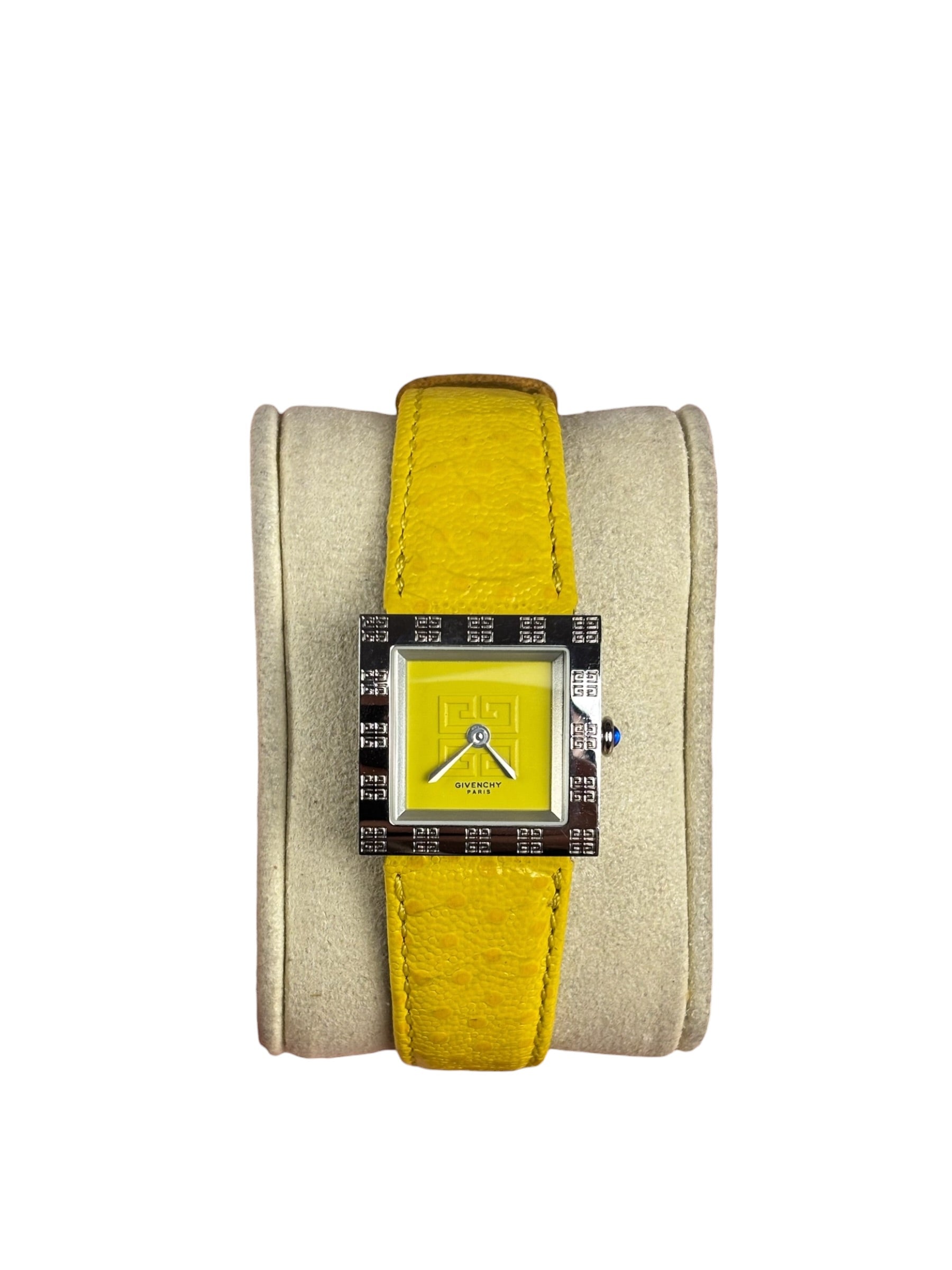Givenchy Vinatge Yellow Leather Strapped Apsaras Yellow Square Dial Watch
