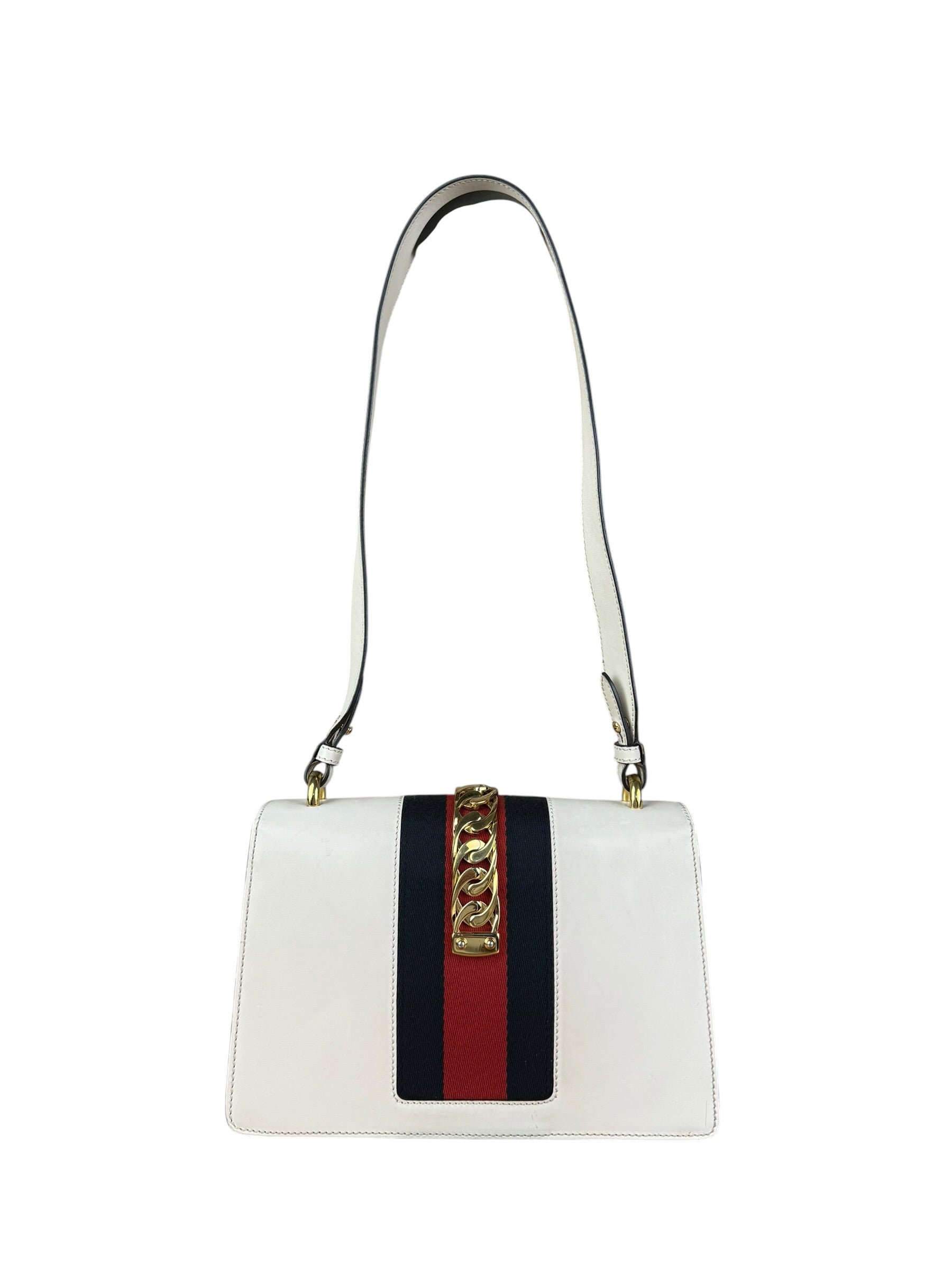 Gucci White Leather Sylvie Chain Shoulder Bag