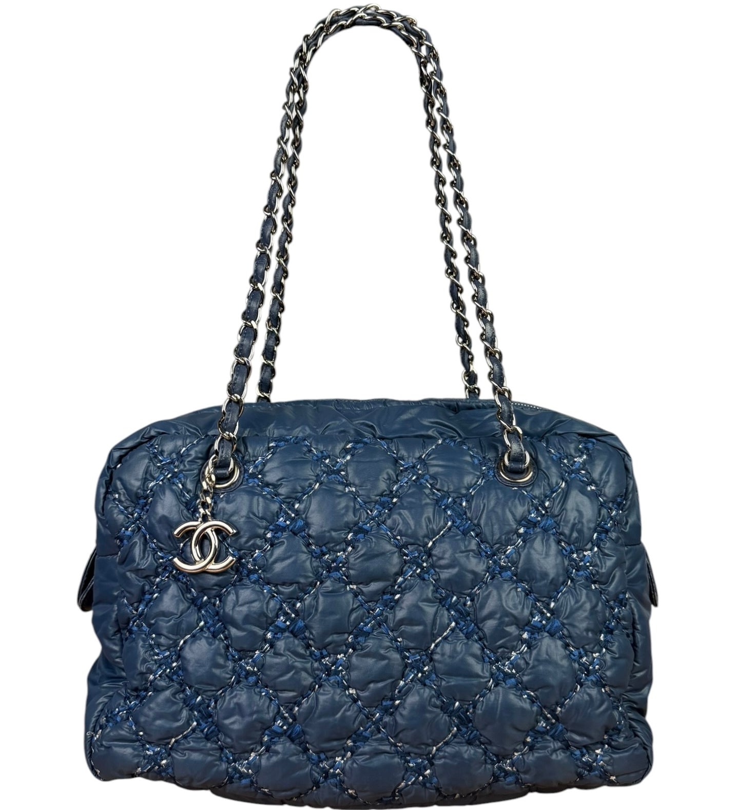 Chanel Blue Leather Trim/Nylon Tweed Stitch Puffer Chain Shoulder Bag 2010