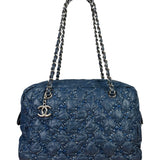 Chanel Blue Leather Trim/Nylon Tweed Stitch Puffer Chain Shoulder Bag 2010