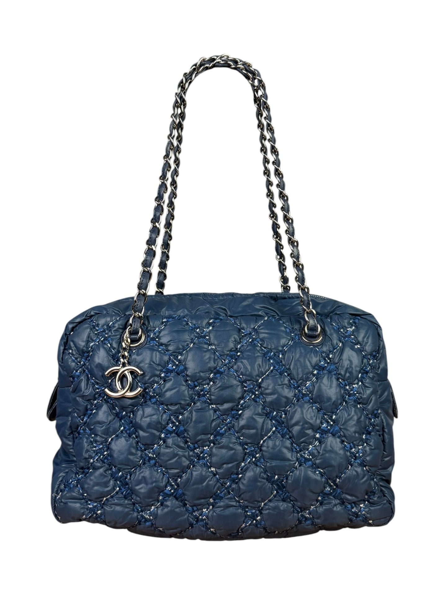 Chanel Blue Leather Trim/Nylon Tweed Stitch Puffer Chain Shoulder Bag 2010