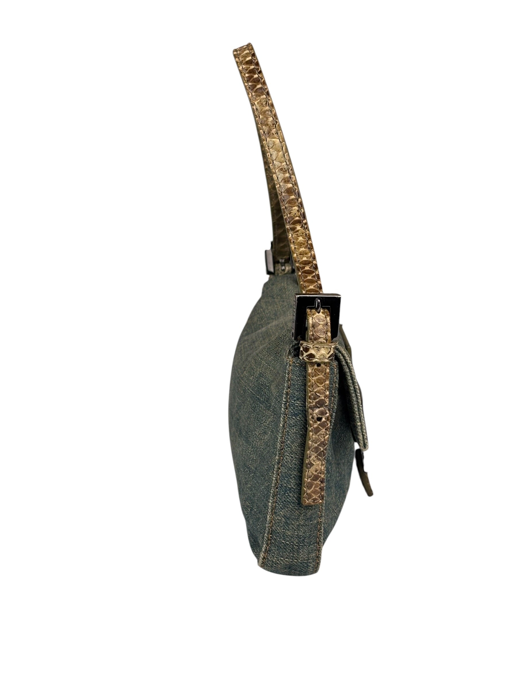 Fendi Denim/Snakeskin Trim Mini Baguette