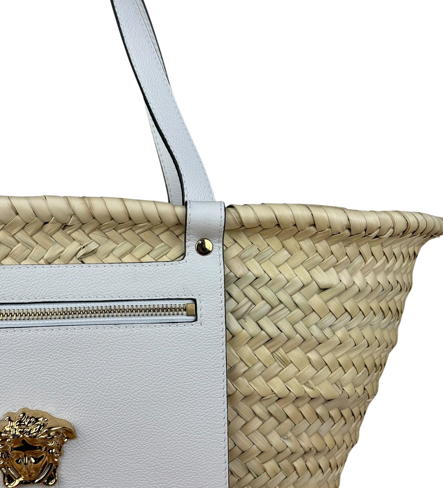 Versace Wicker Woven White Medusa Top Handle Tote
