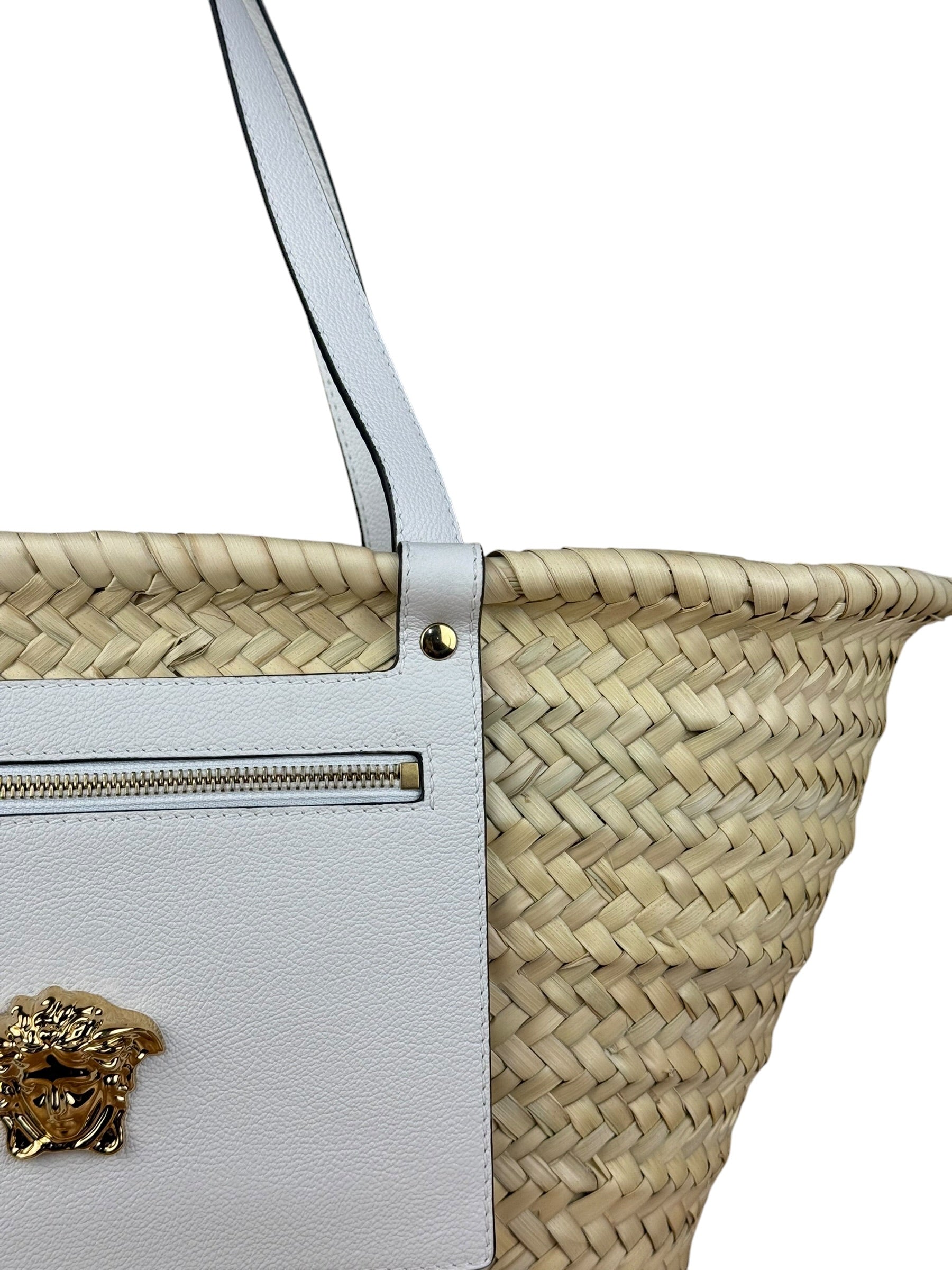 Versace Wicker Woven White Medusa Top Handle Tote
