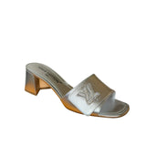 Louis Vuitton Silver Leather Shake Mules LV Crystal Embellished