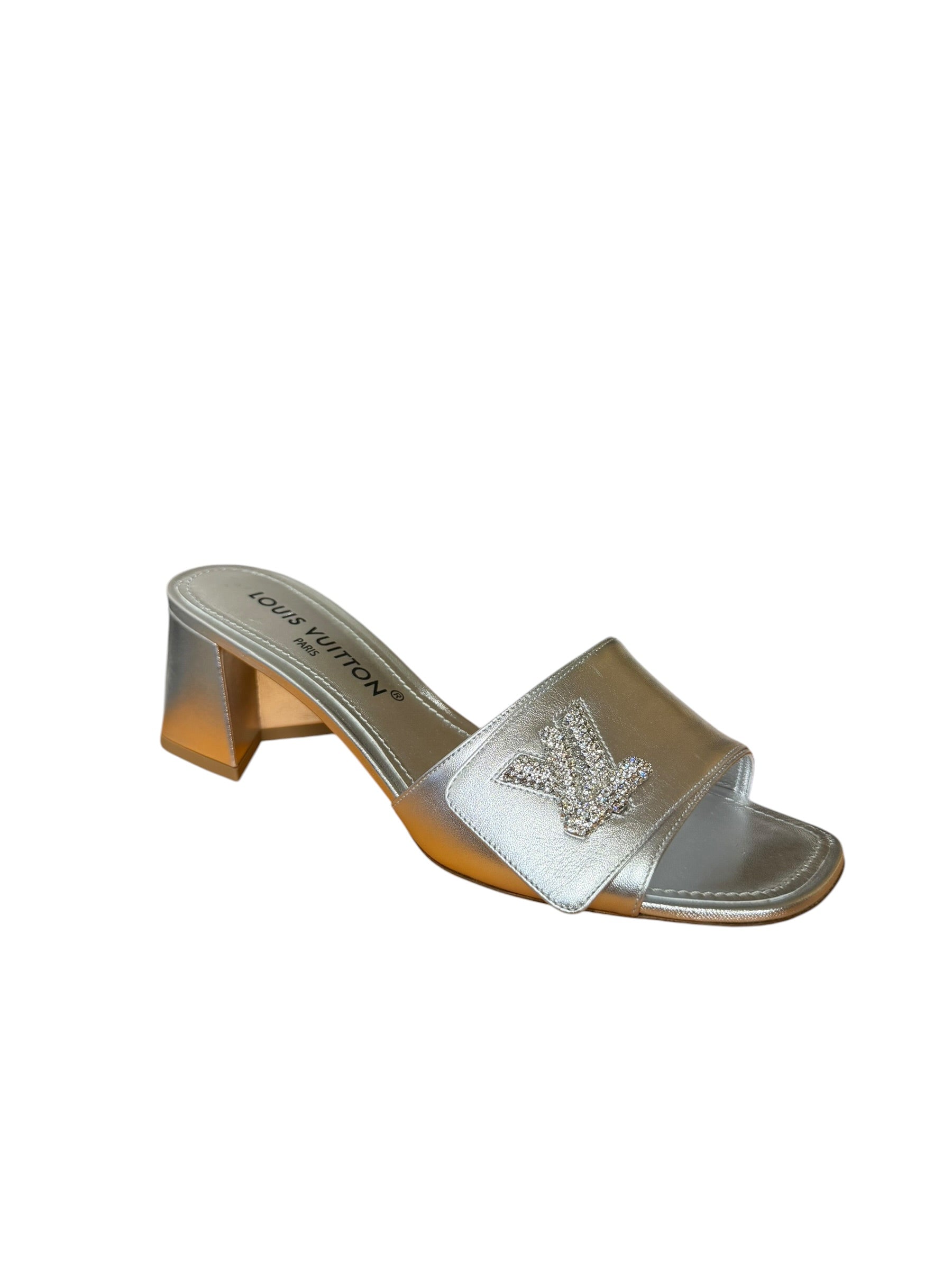 Louis Vuitton Silver Leather Shake Mules LV Crystal Embellished