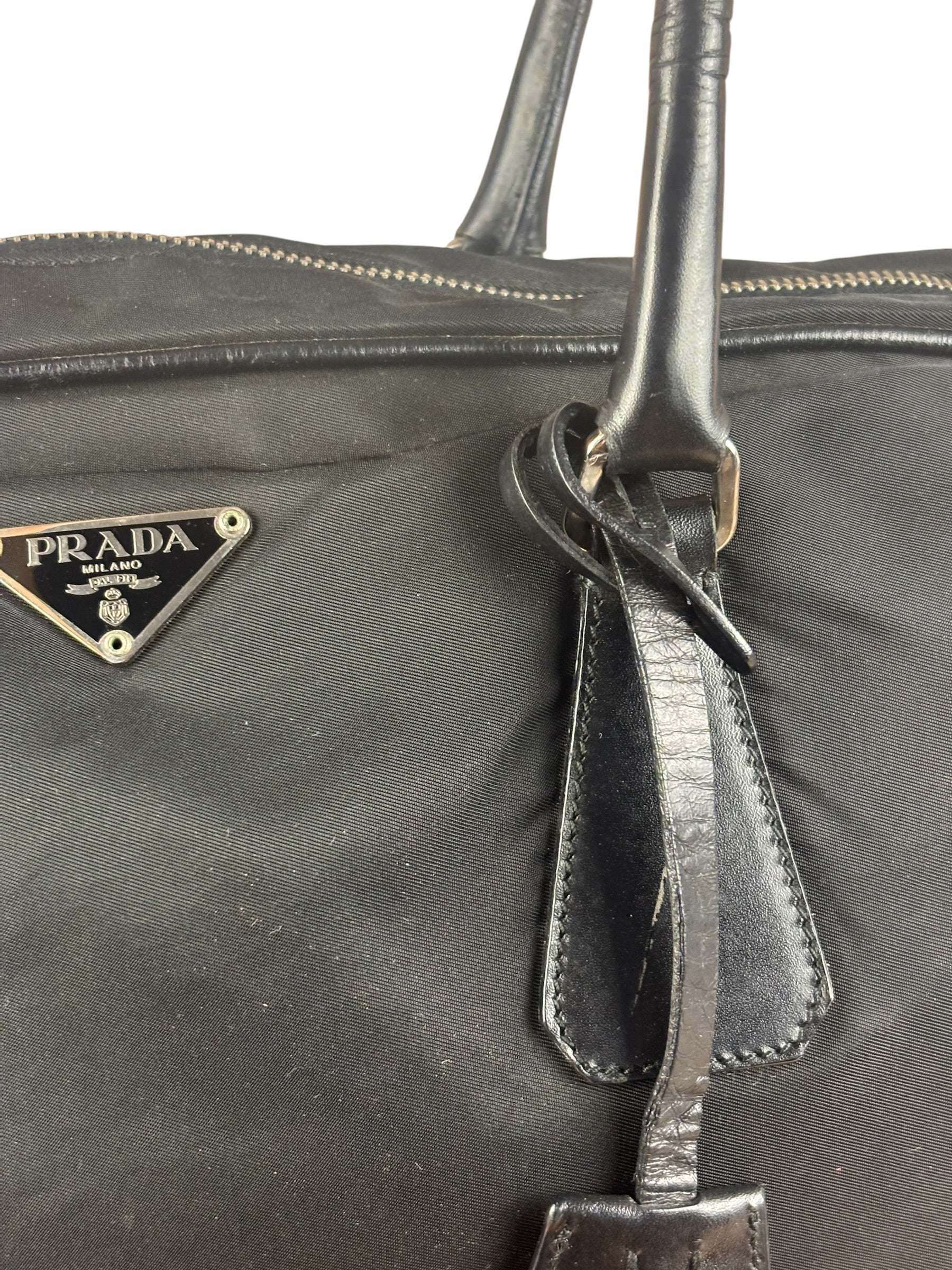 Prada Black Leather Tessuto Nylon Bowler Bag