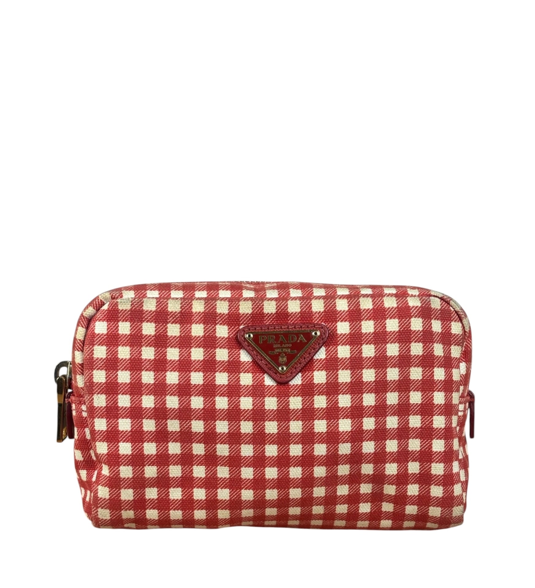 Prada Red Gingham Check Canvas Makeup Bag