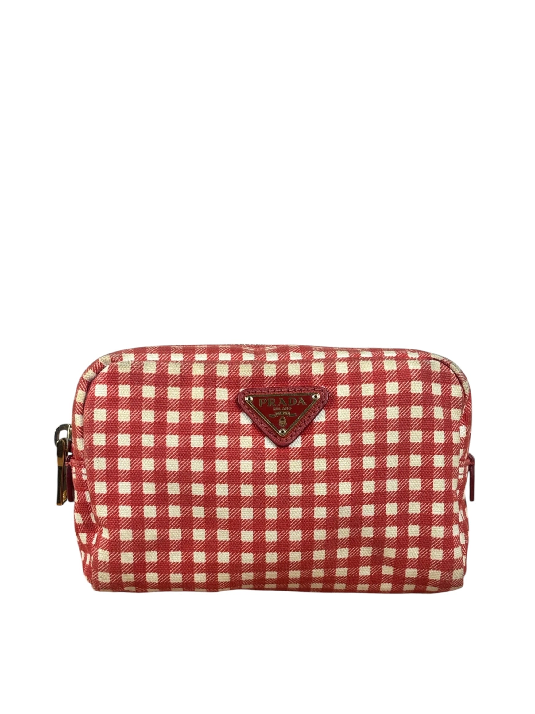Prada Red Gingham Check Canvas Makeup Bag