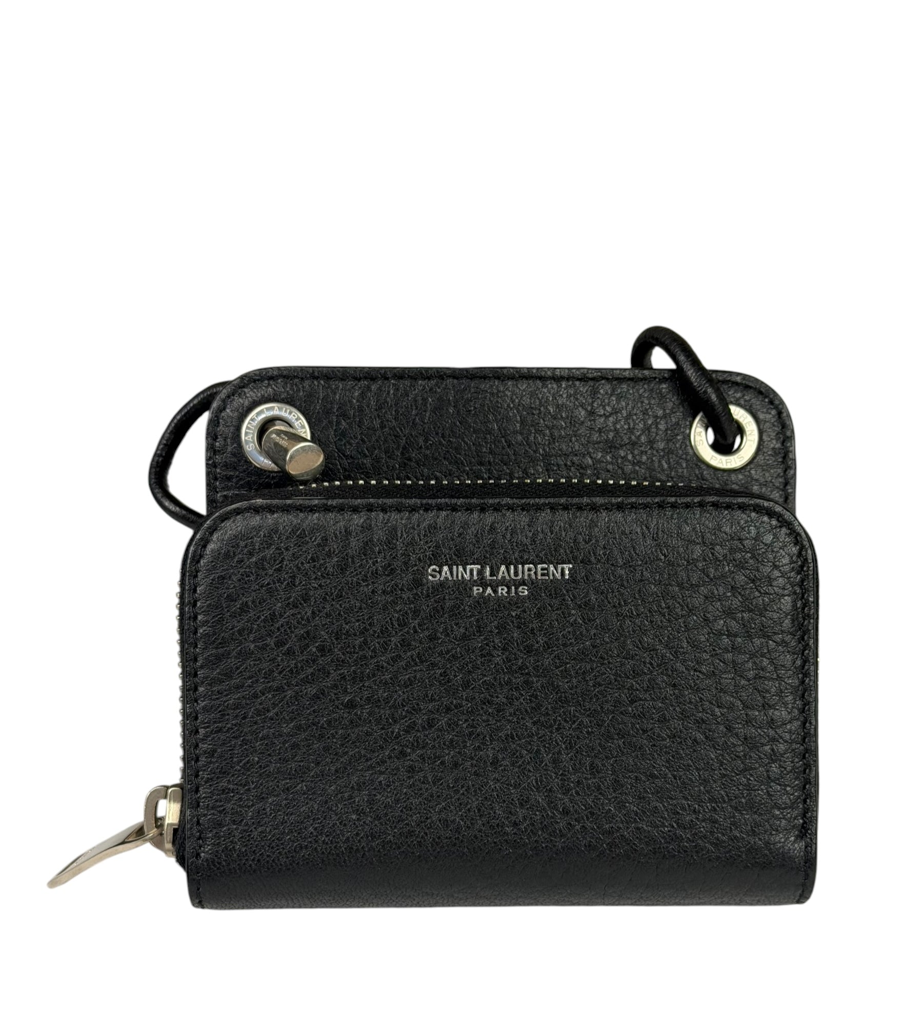 Yves Saint Laurent Black Leather Paris Lanyard Wallet