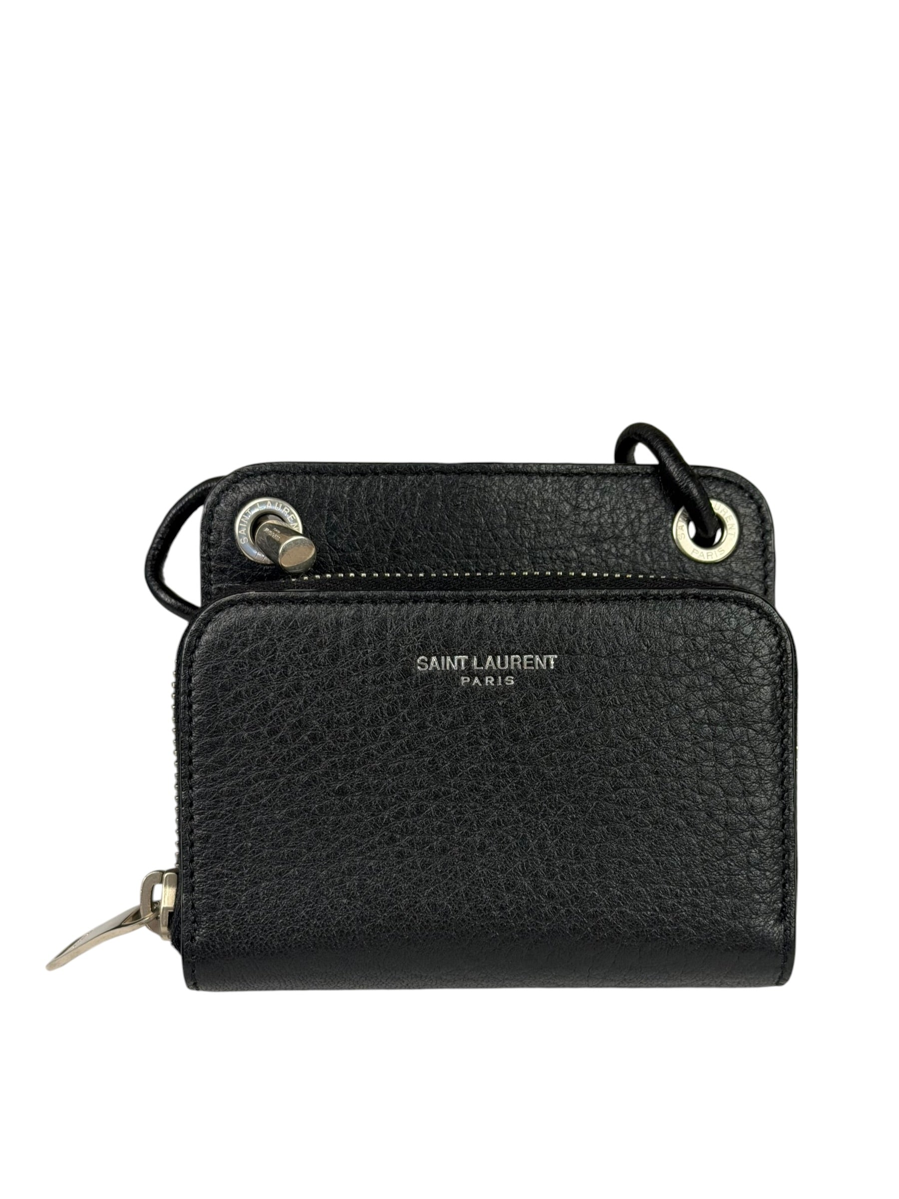 Yves Saint Laurent Black Leather Paris Lanyard Wallet