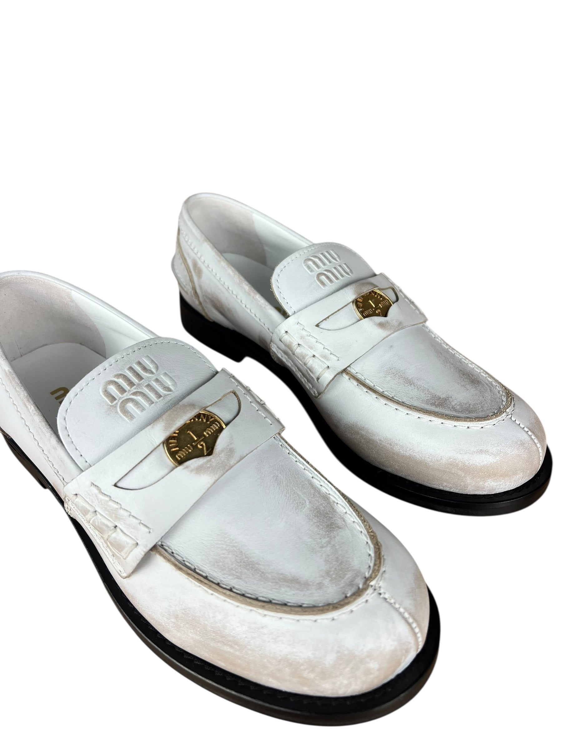 Miu Miu White Distressed Leather Penny Loafers
