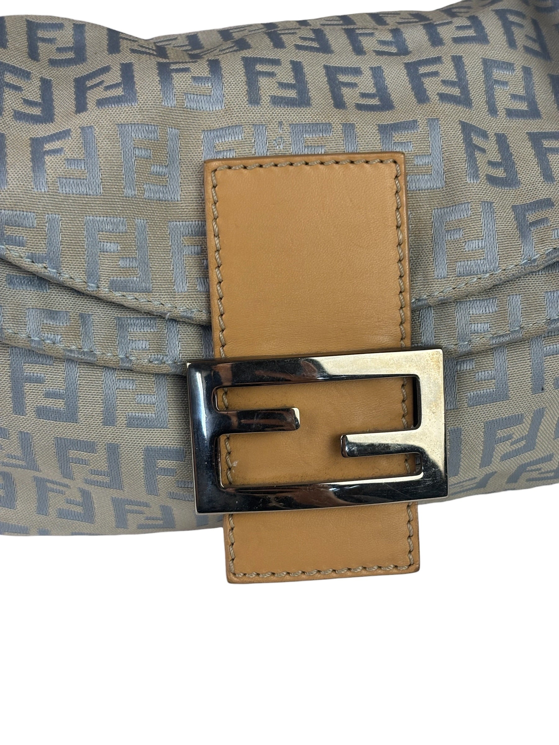 Fendi Leather Light Blue Trim Zucca Baguette
