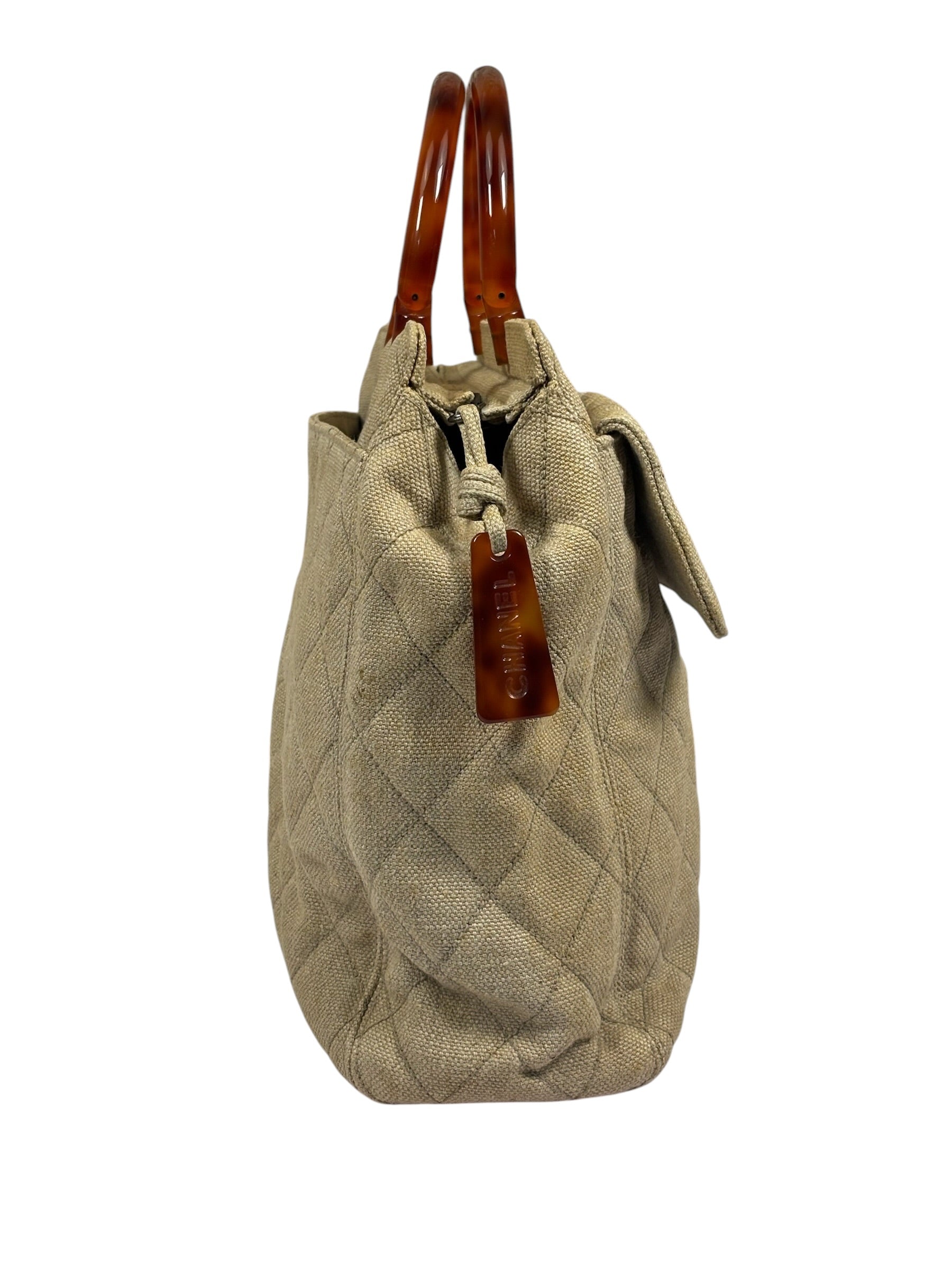 Chanel Vintage Beige Quilted Denim  Tortoise Tote 1996
