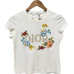 Christian Dior White Floral Embroidered Trotter Logo Short Sleeve T-Shirt