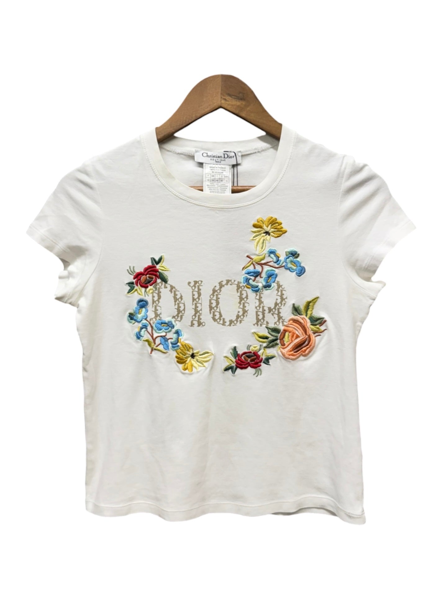 Christian Dior White Floral Embroidered Trotter Logo Short Sleeve T-Shirt