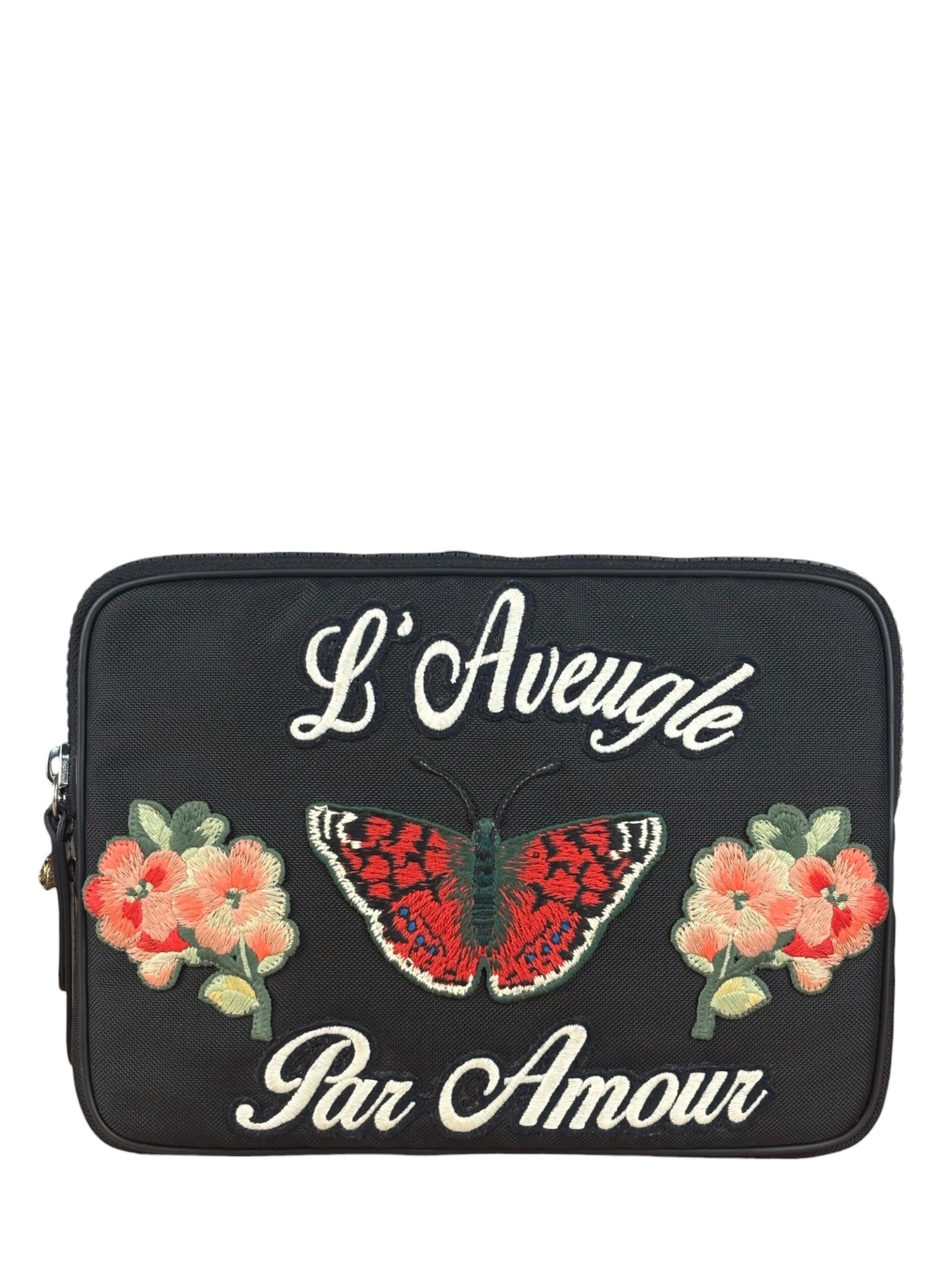 Gucci Black Nylon Butterfly Embroidered Zip Pouch