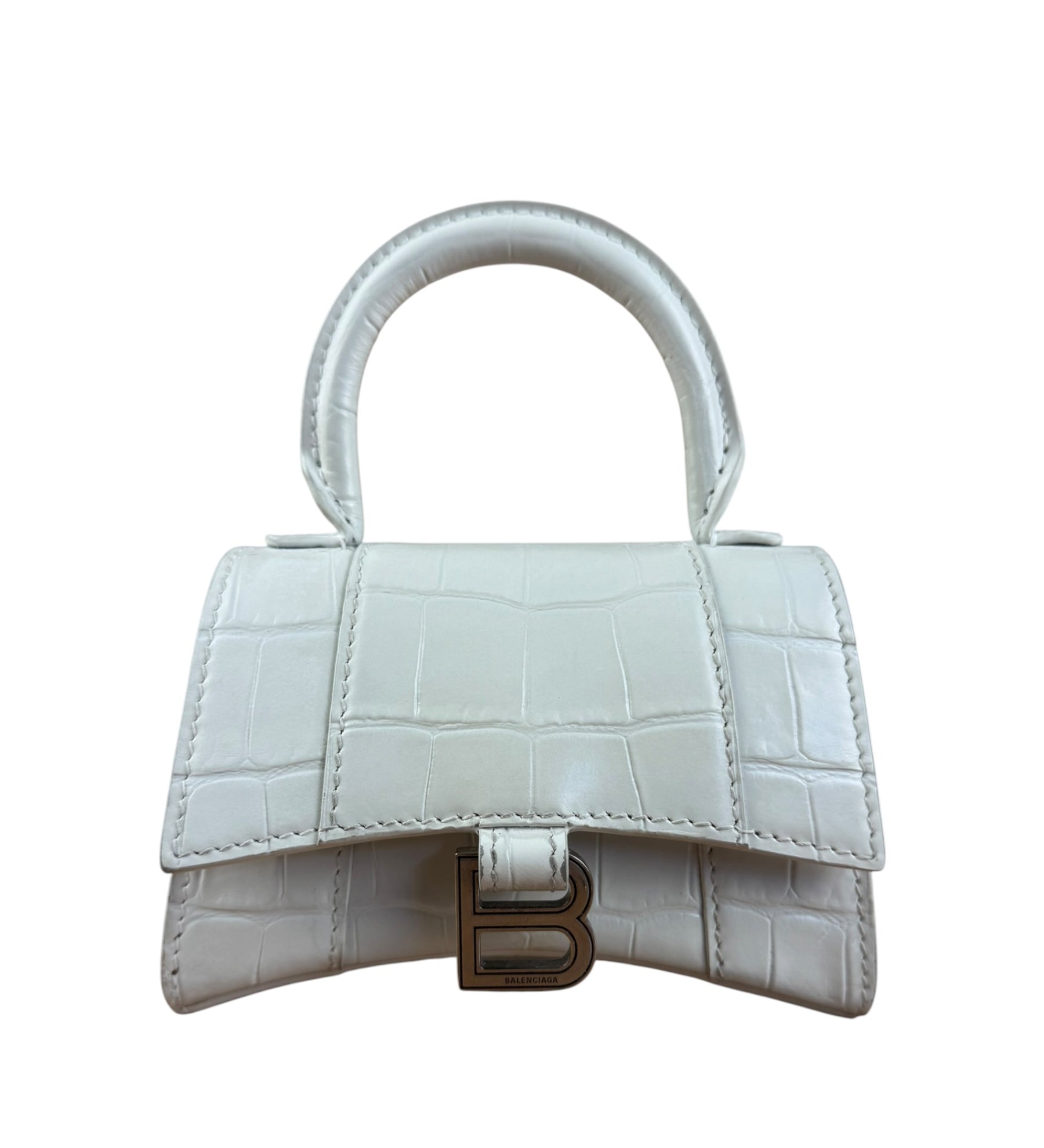 Balenciaga White Croc Embossed Nano Hourglass Bag