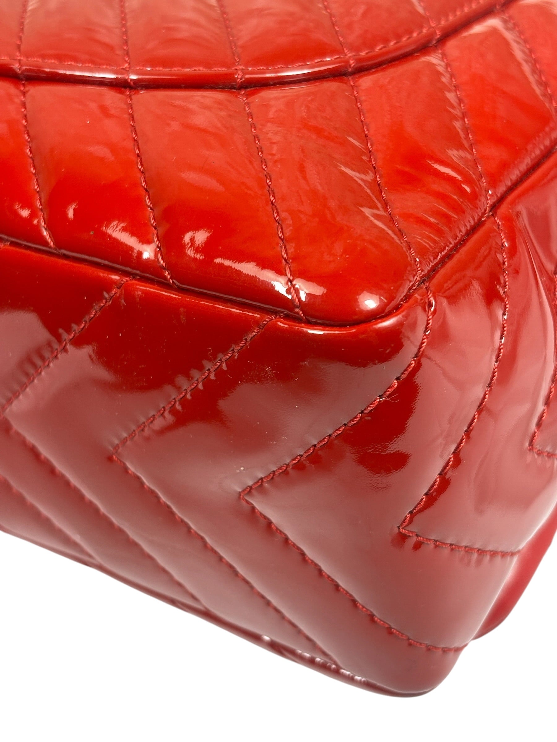 Chanel Red Patent Leather Chevron Jumbo Flap Bag 2009