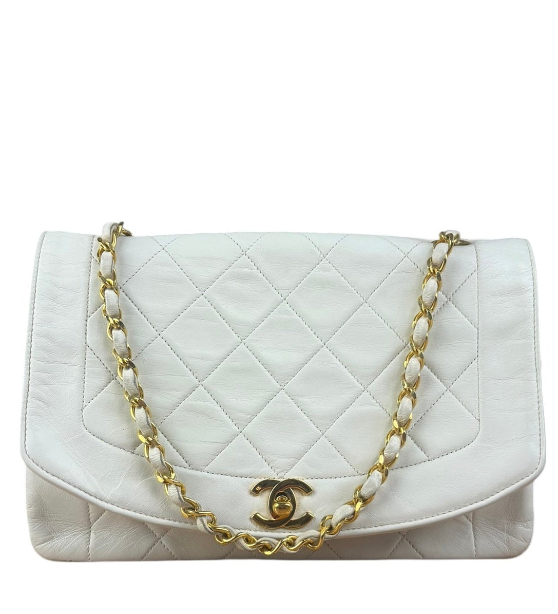 Chanel Vintage White Leather Diana Flap Shoulder Bag 1989