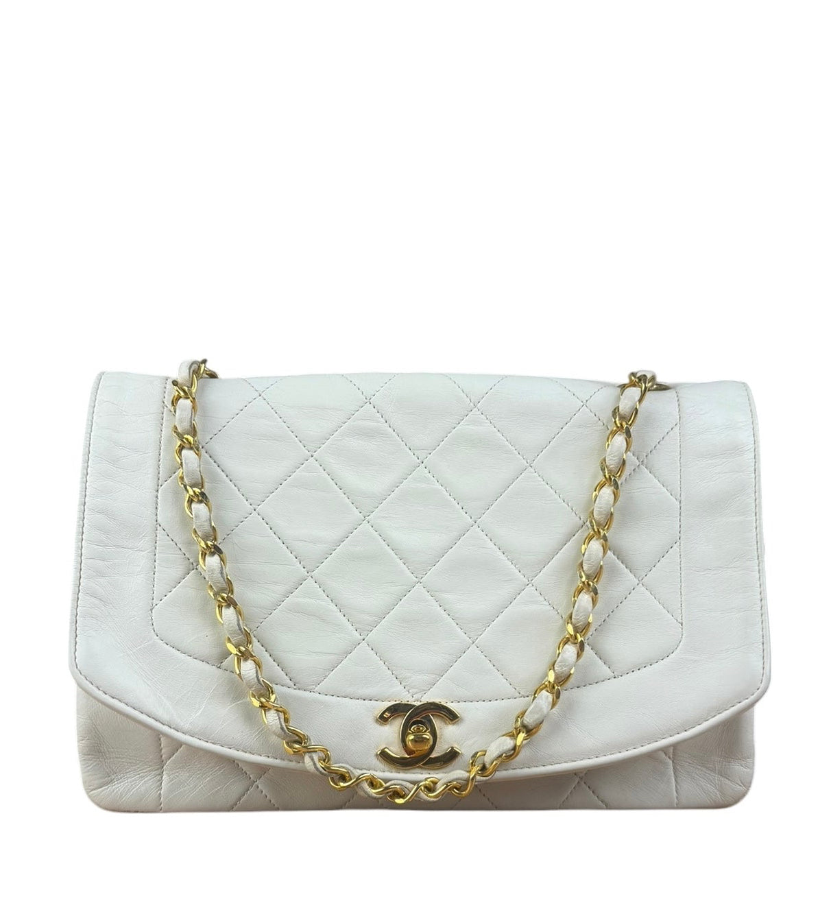 Chanel Vintage White Leather Diana Flap Shoulder Bag 1989